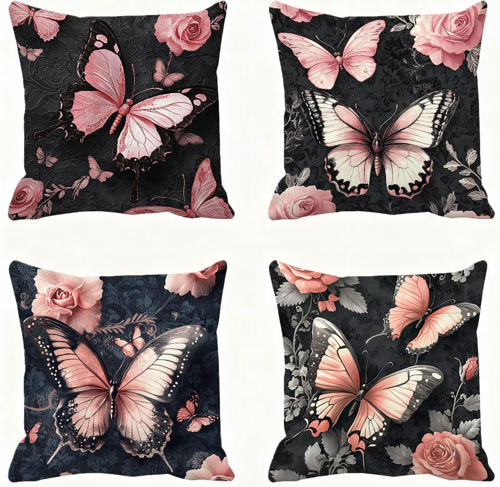 Lot de 4 housses coussin 45x45 super doux taies d'oreiller roses motifs animaux carrées