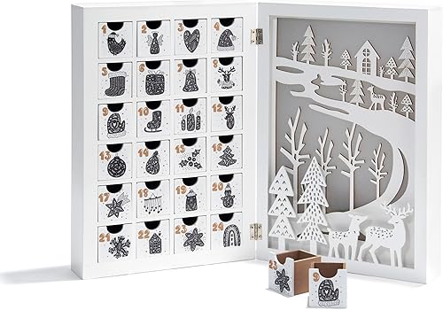 Miniatura 4 de Calendario de Adviento de madera con cajones, calendario de Adviento reutilizable de 12 pulgadas con luces, madera blanca, funciona con pilas, cajas