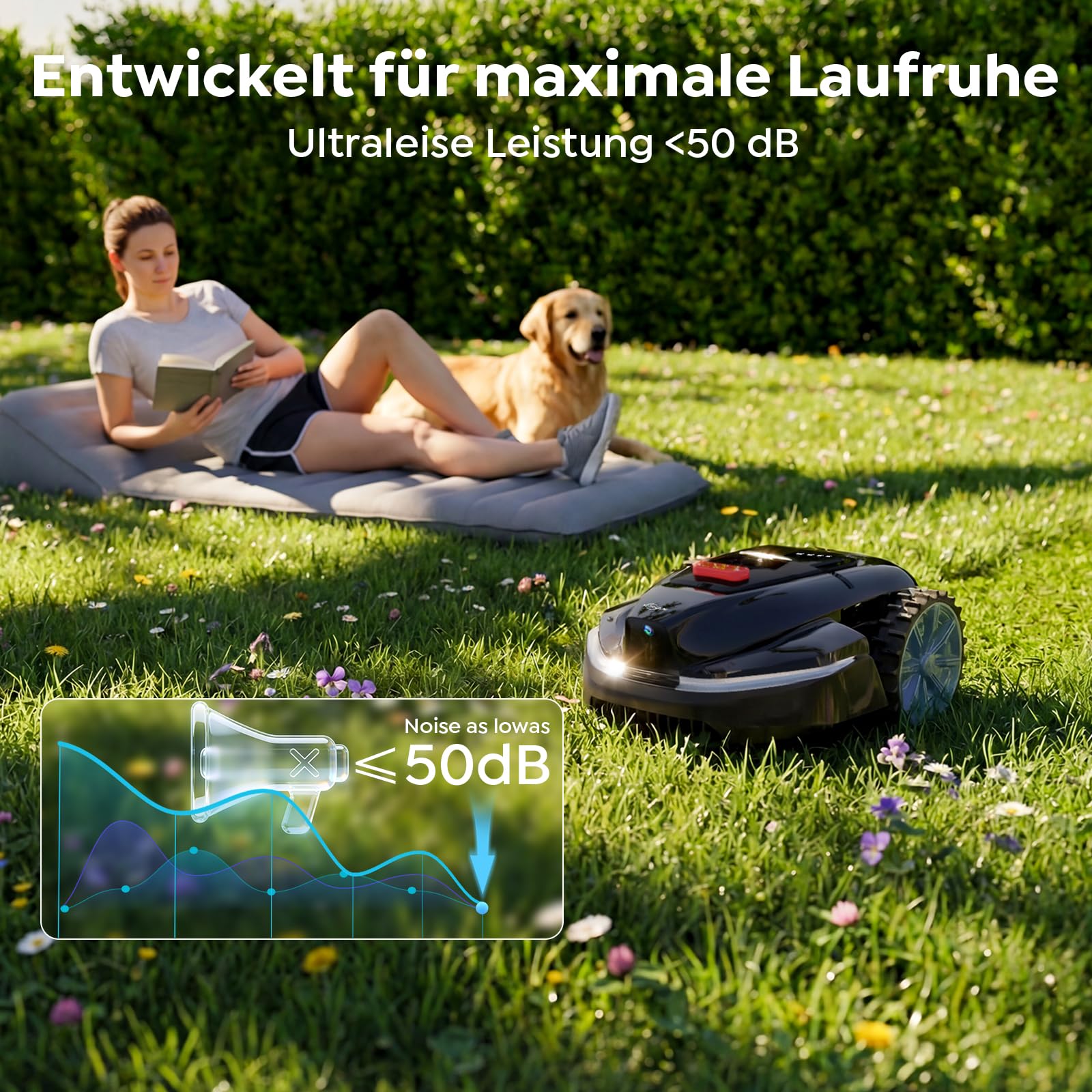 YARDCARE V3 Mähroboter ohne Begrenzungskabel, KI-Visionsnavigation, 150+ Hinderniserkennung, App-Steuerung, bürstenloser Motor, 50 dB, einstellbare Schnitthöhe, für kleine Gärten
