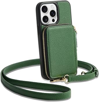 ZVE for iPhone 15 Pro Crossbody Wallet Case, Card Holder Phone Purse for Women, RFID Blocking Zipper Leather Cover with Wrist Strap for iPhone 15 Pro 6.1 inch- Dark Green