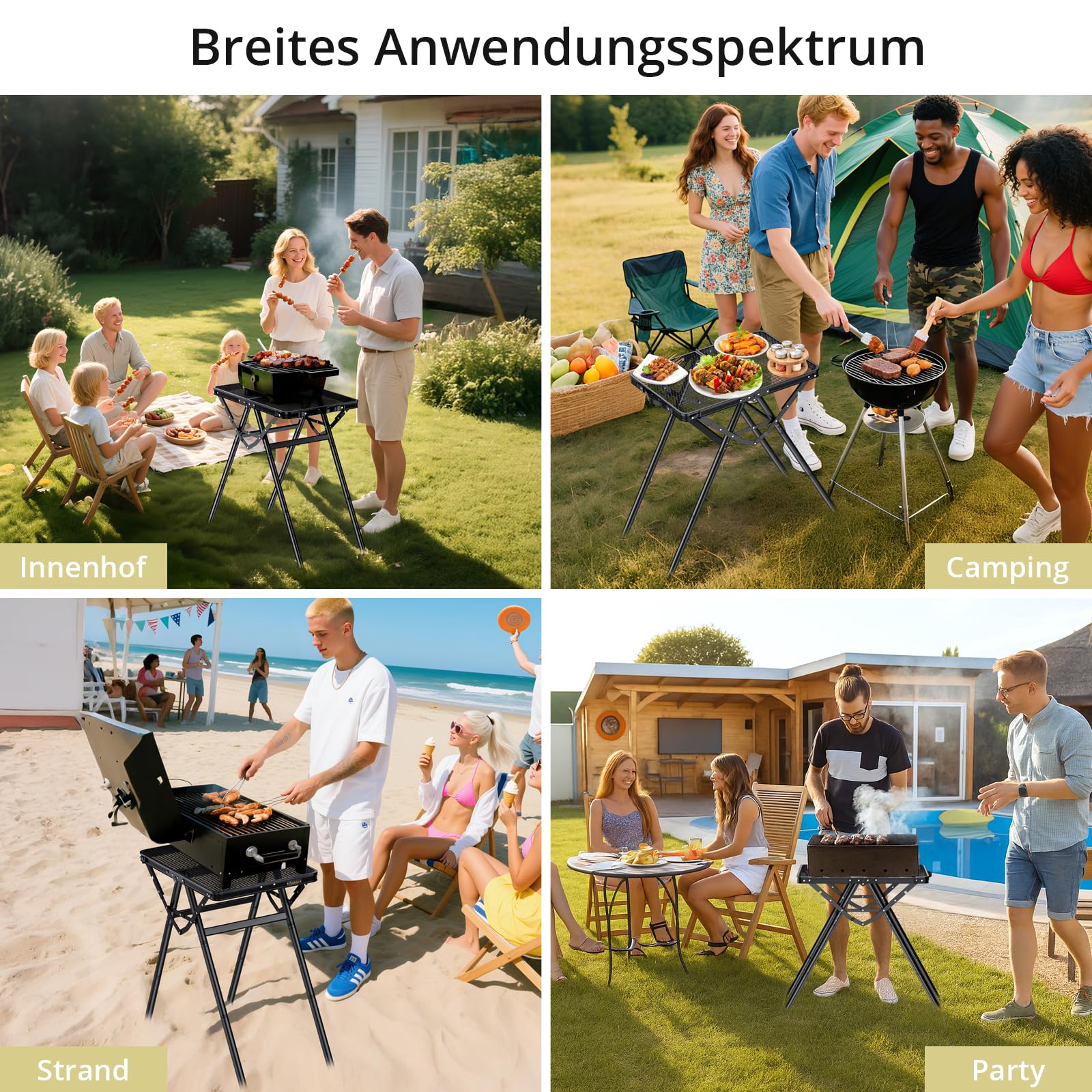 Anbte Grilltisch Klappbar 60x40cm X-Frame-Design 80kg Belastbar, Schwarz | 3 Verstellbar Höhe 24.5/47/71cm, Wasserfest Metallgitter Tischplatte Tragbar Klapptisch für BBQ Camping Garten Outdoor-Kochen