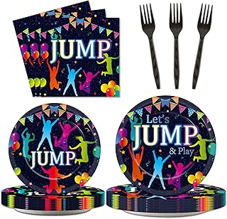 96Pcs Jump Party Supplies Lets Jump Paper Plates Napkins Trampoline Party Decorations Jumping Theme Birthday Dinnerware Party Favor Baby Shower Tableware Serves 24