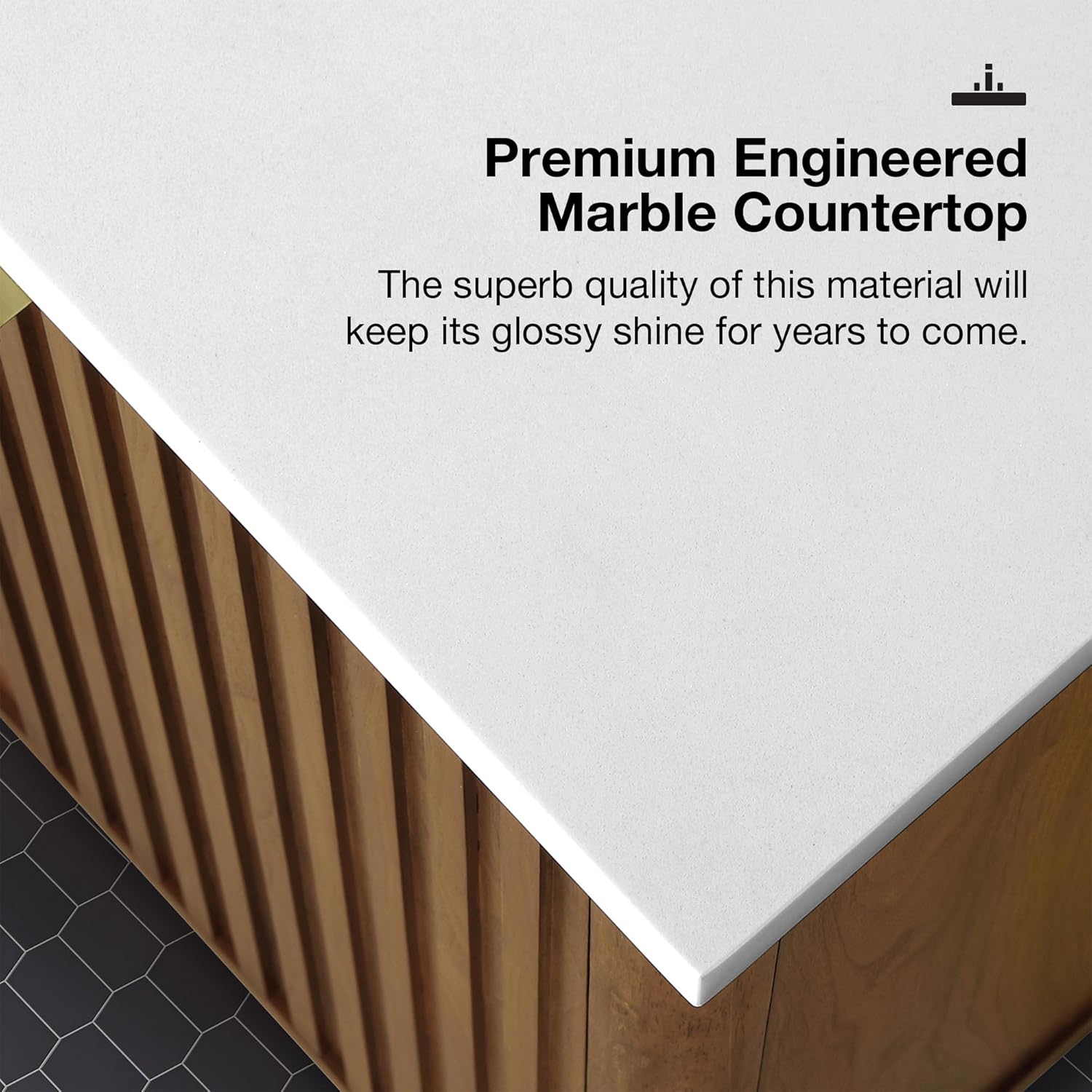 Close-up of the premium engineered marble countertop of the OVE Decors Indy vanity.