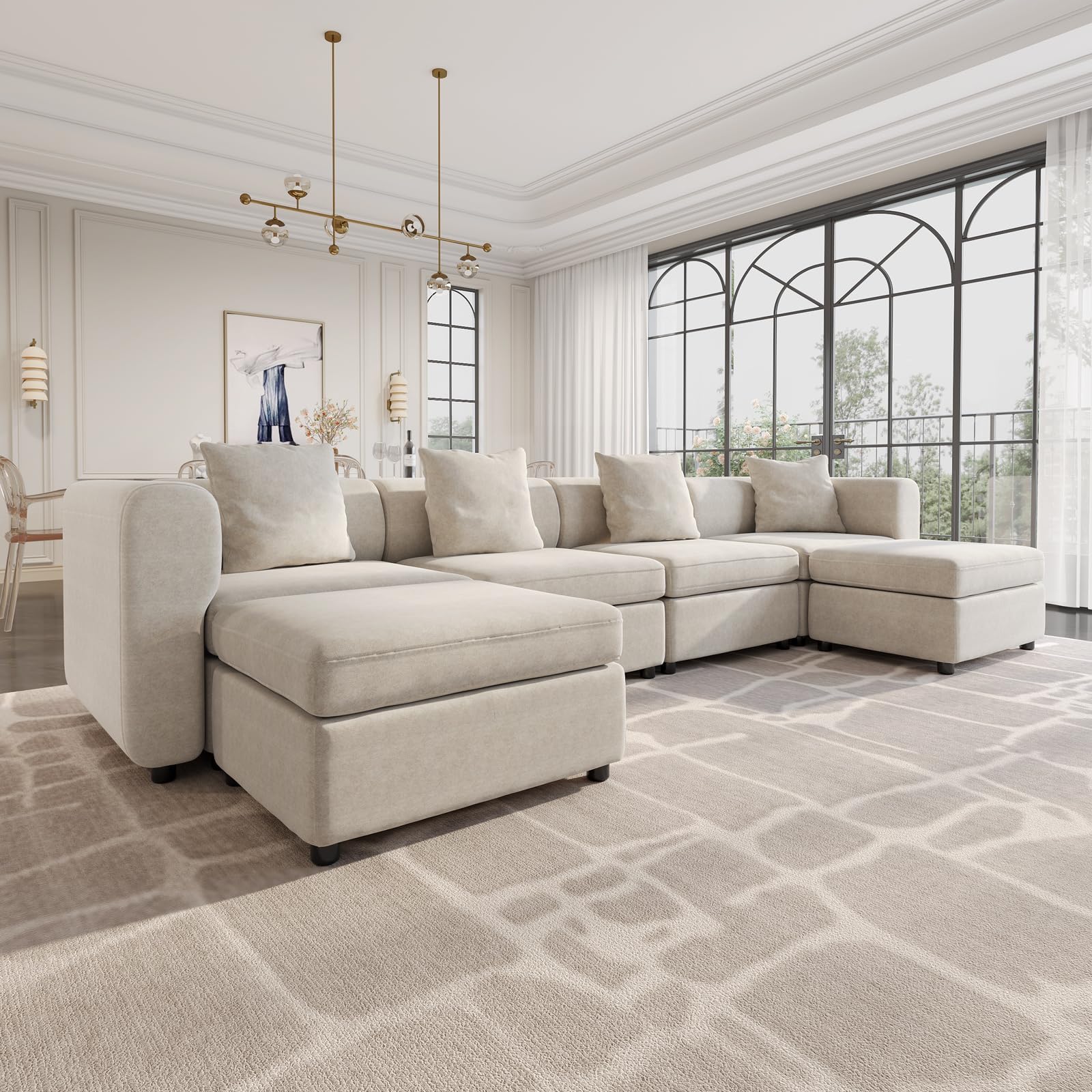 149.6" U Shaped Modular Sectional Sofa with 4 Pillows, Upholstered Sectional Couches for Living Room, Modern Comfy 6-Seater Couch with Storage Ottoman, Deep Seat Sofa with Chaise, Beige