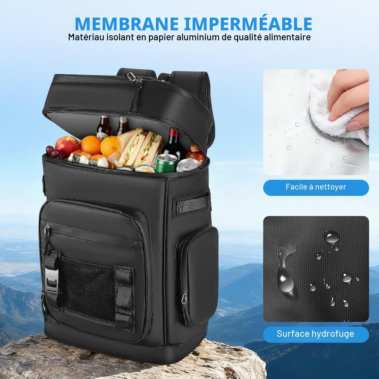 Grand Sac à Dos Isotherme Imperméable 48 Cans Capacité - Sac de Randonnée Isotherme Étanche - Glacière Sac pour Camping Pique-Nique Plage, 30L, Noir