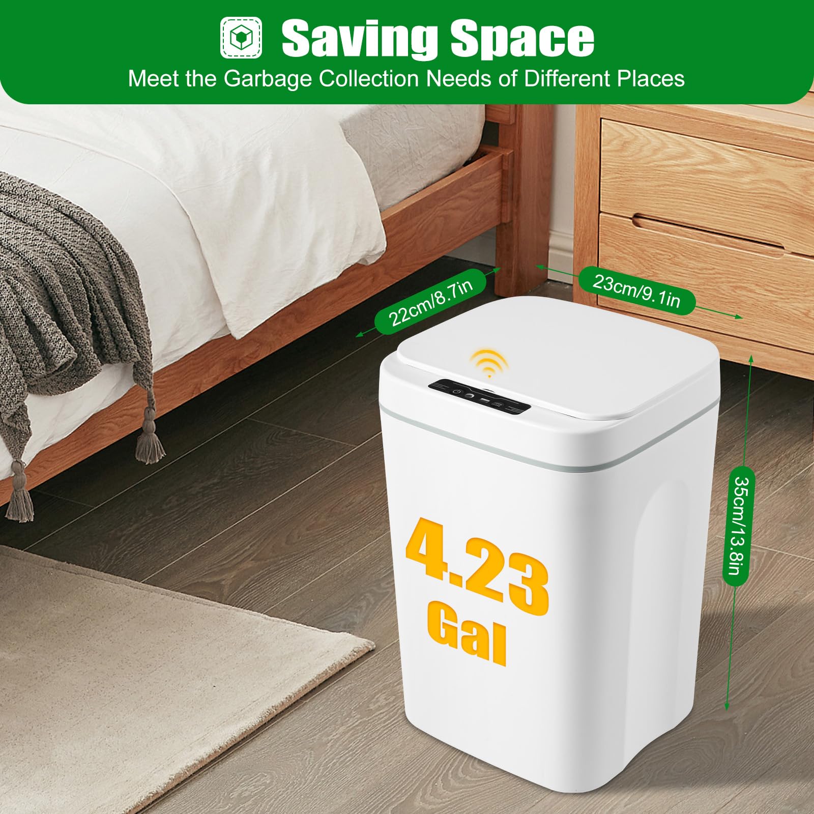 Cubo de basura automático con sensor, 16 l, con sensor, cubo de basura eléctrico sin contacto, 0,3 segundos de apertura automática, sensor para cocina, dormitorio, baño