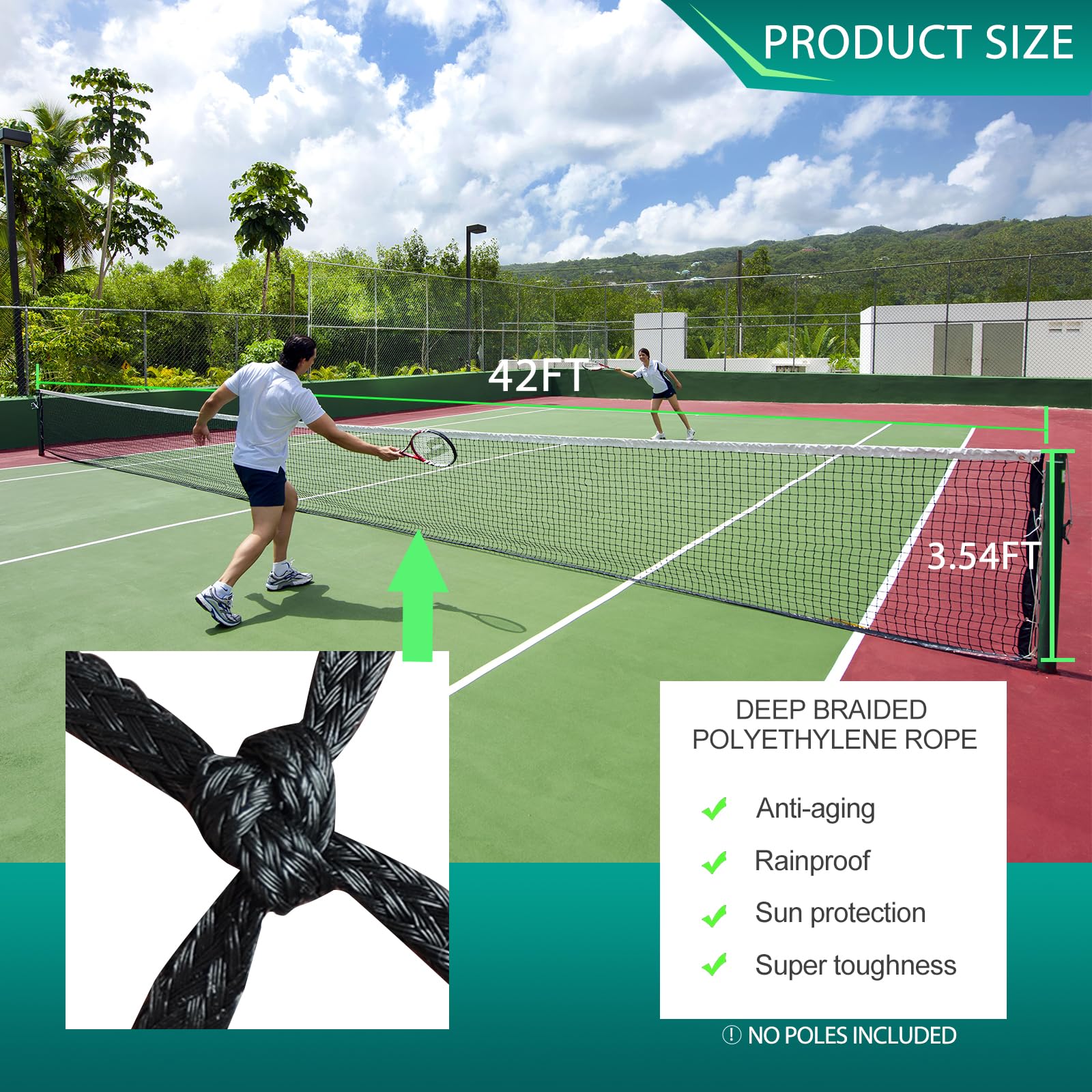 PROGOAL Professional Tennis Net 42FT Heavy Duty Nylon Net High Strength Non-Deforming Standard Replacement Tennis Net with 2 Fiberglass Dowels, Compatible with All Standard Outdoor Indoor Tennis Posts