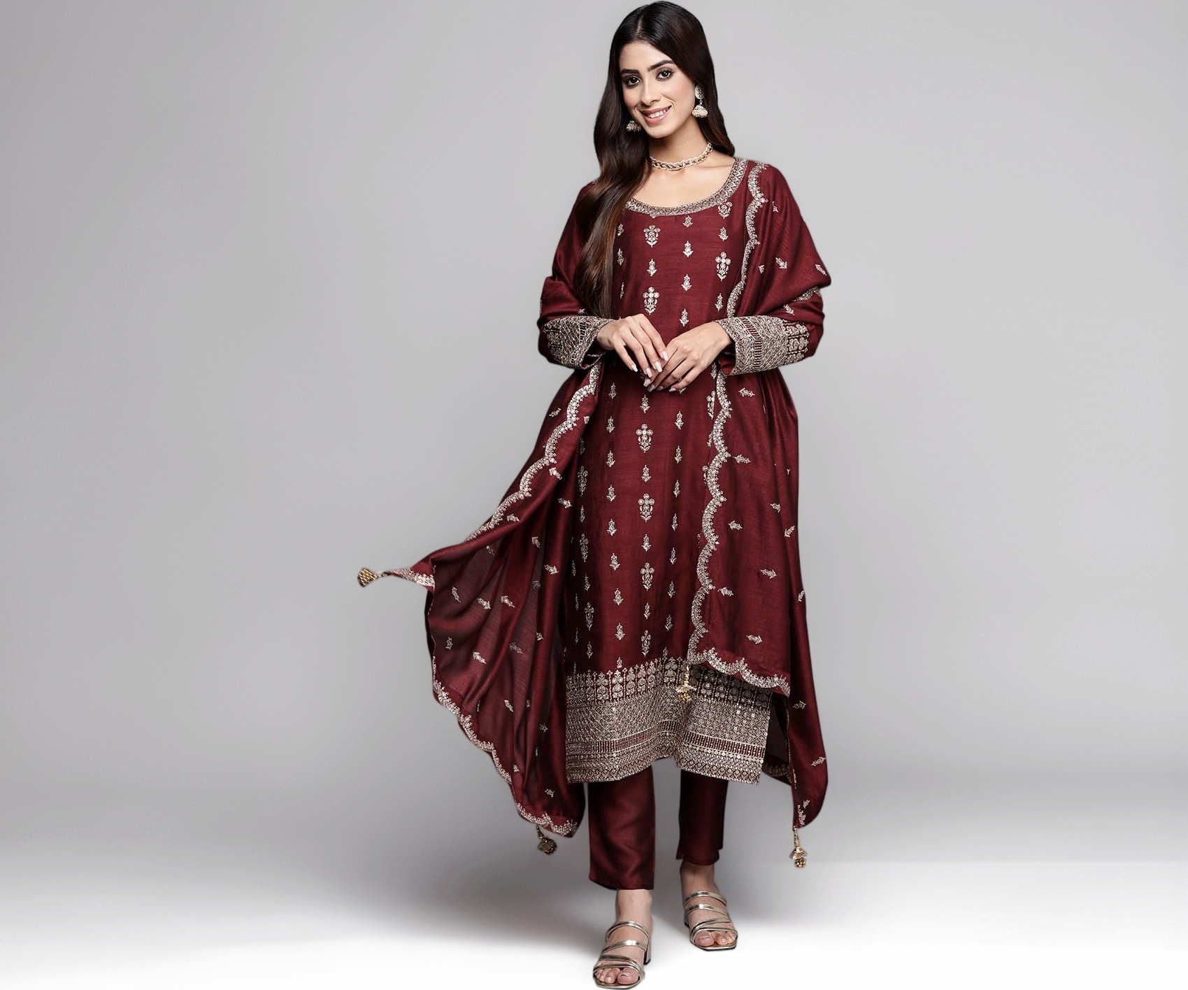 Libas Embroidered Silk Blend Straight Kurta With Trousers and Dupatta