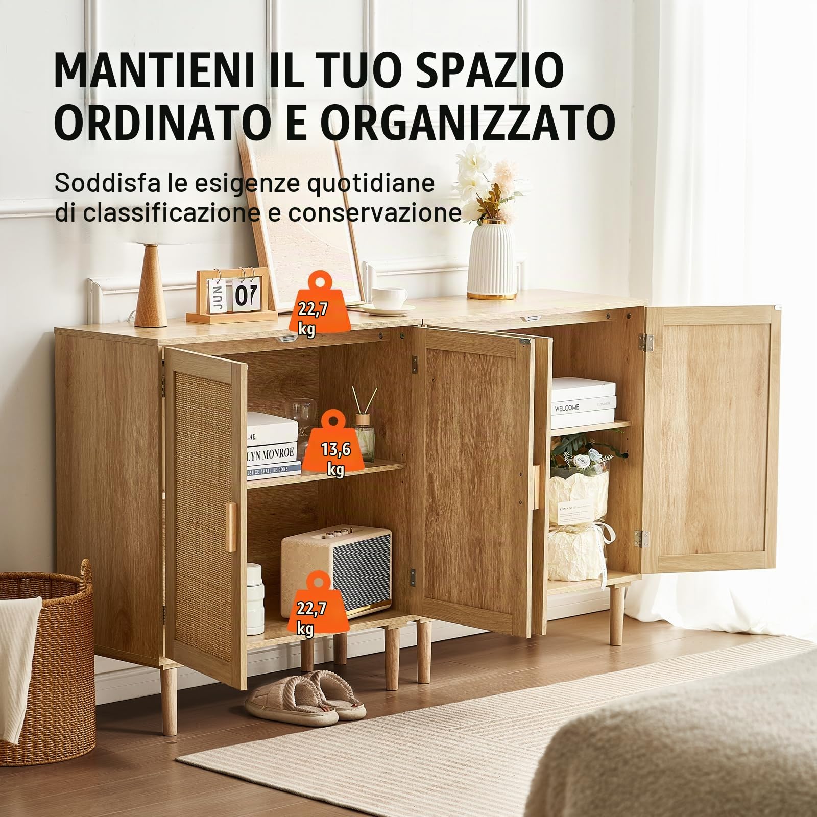 VEVOR Set di 2 Armadietti in Rattan, Armadio Portaoggetti in Rattan con 4 Ante Magnetiche e Ripiani Regolabili, Credenza Portaoggetti per Corridoio, Ingresso, Soggiorno o Cucina, Mobiletto da Casa