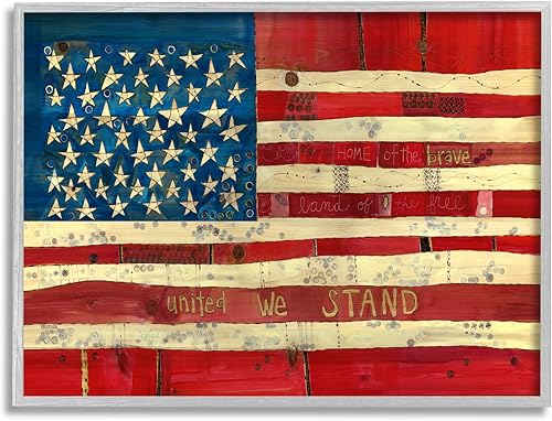Stupell Industries United We Stand Independence Day - Bandera estadounidense festiva, diseño de Stephanie Burgess, marco gris, 30 x 24 pulgadas