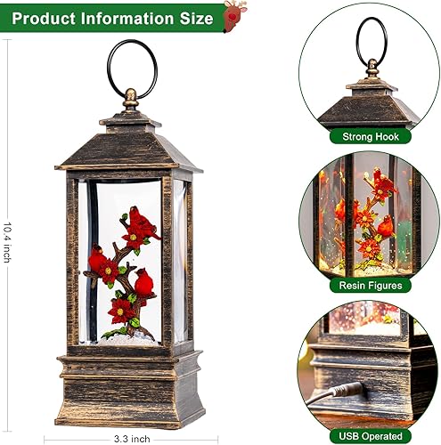 Miniatura 32 de Linterna de agua con globos de nieve de Navidad con cardenal, música y temporizador de 6 horas, con forro USB/funciona con pilas, faroles iluminados