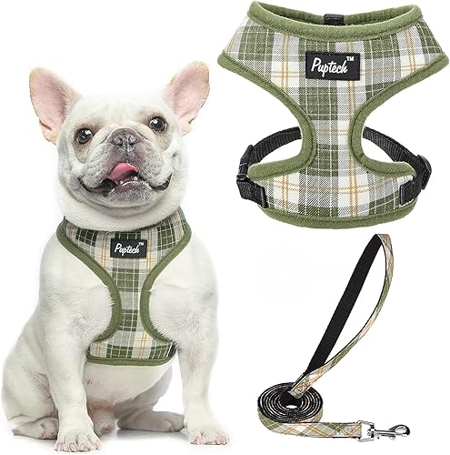 PUPTECK Juego de arnés y correa de malla suave para perro, cachorro y gato, cómodo chaleco acolchado sin tirones, verde oliva, S