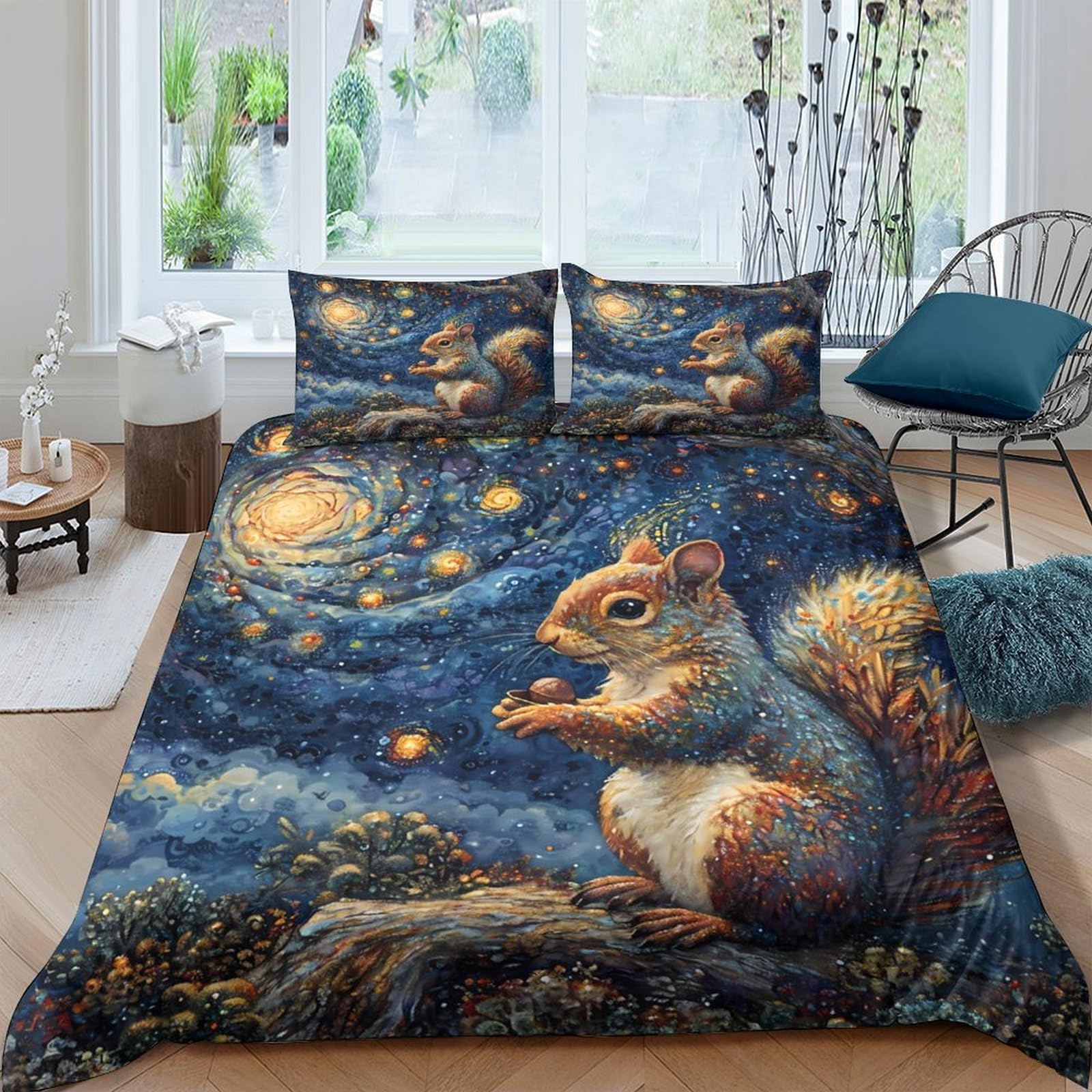 Ctjqhvkz Style-7 3D Printed Starry Sky Squirrel Fitted Sheet Microfiber Soft Breathable Forest Bed Cover For Bedroom Decor Single（135X200cm）