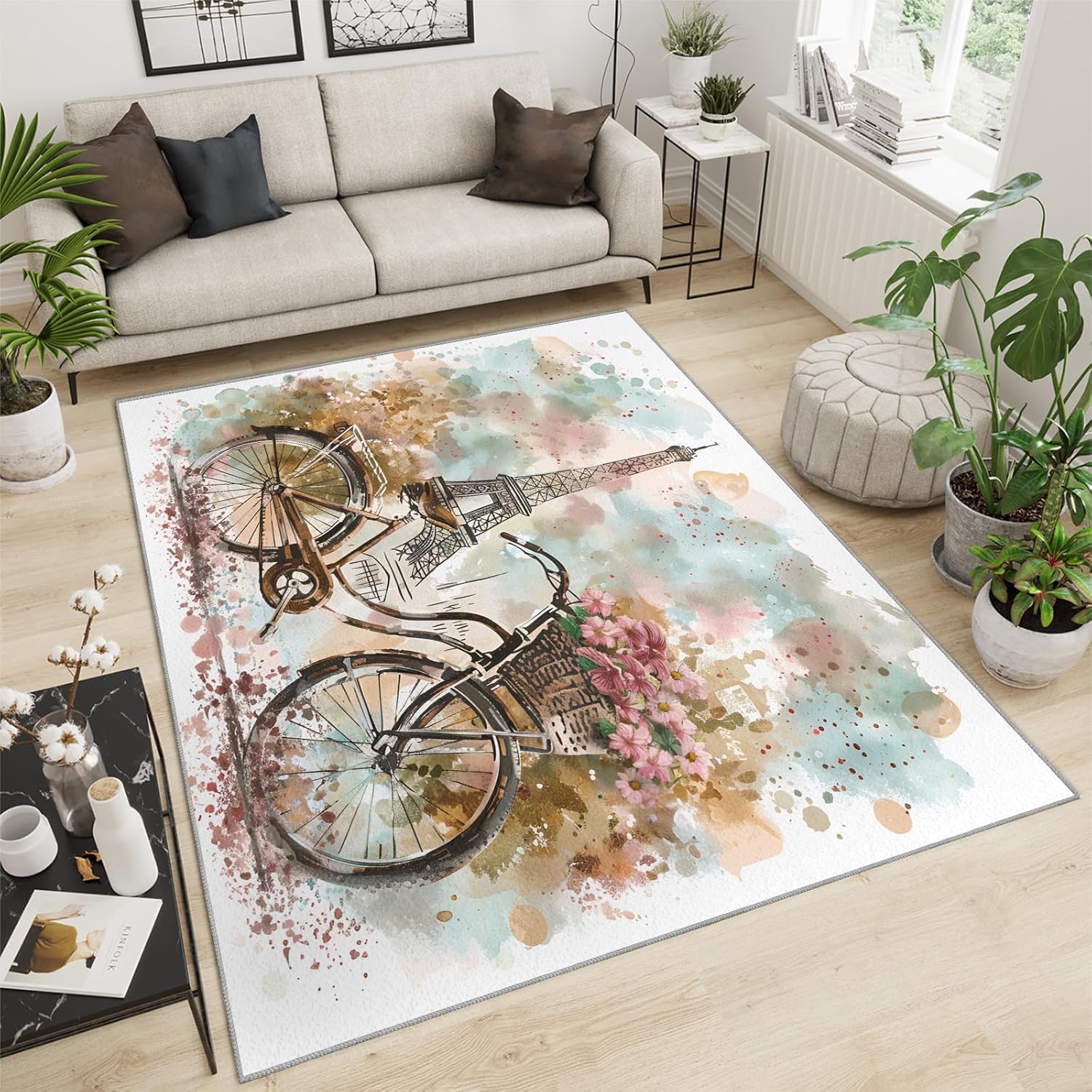 Eiffel Tower Paris 3 x 2 Area Rug, Retro Bicycle Carpet, Romantic Roses Area Rug for Girls, Non-Slip Carpet, Bedroom Living Room Home Decoration