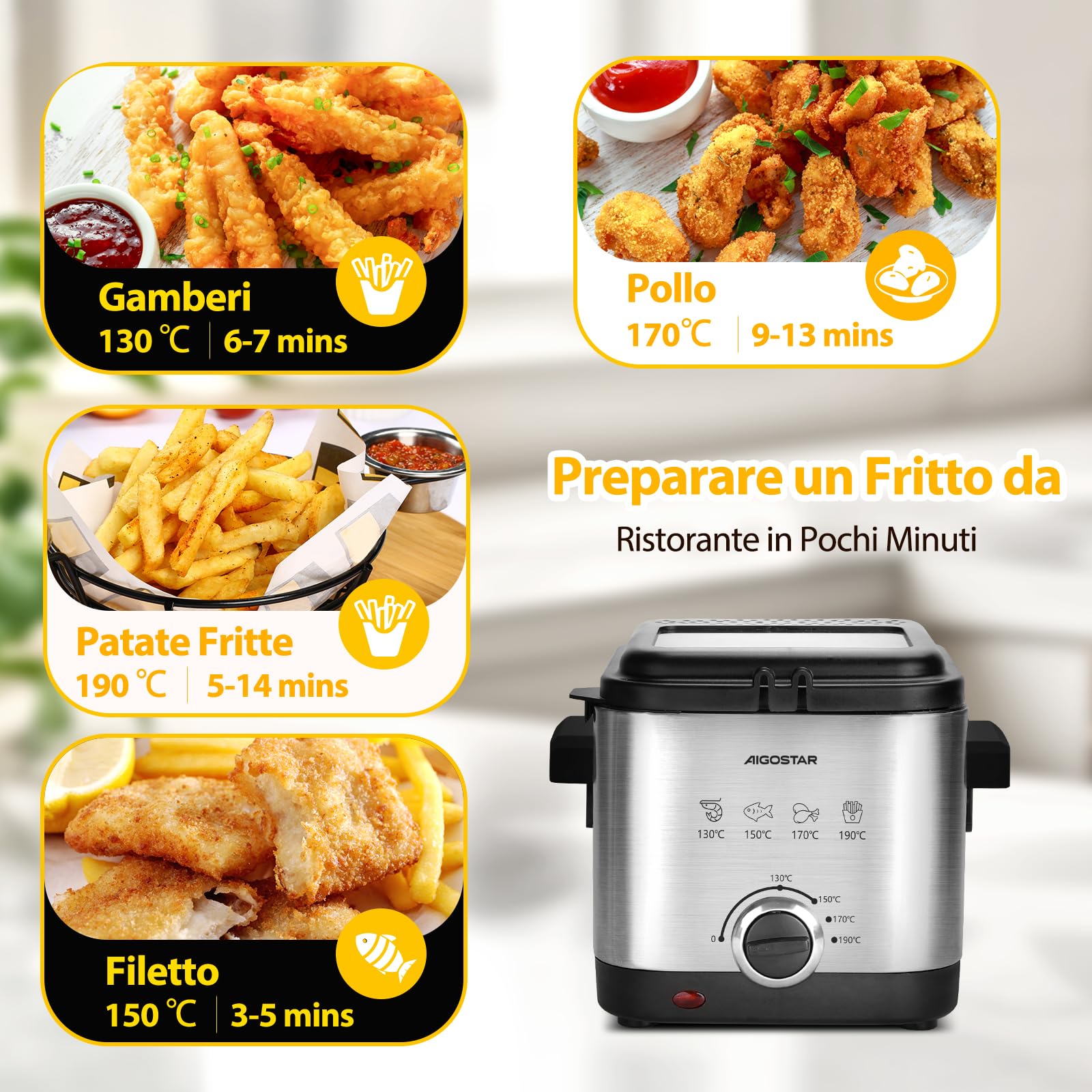 Aigostar Friggitrice Elettrica in Acciaio Inox 1.5L, 1000W con Regolazione Temperatura, Filtro Antiodore, Finestra di Visualizzazione, Cestello Rimovibile e Scala Olio, Design Compatto e Sicuro