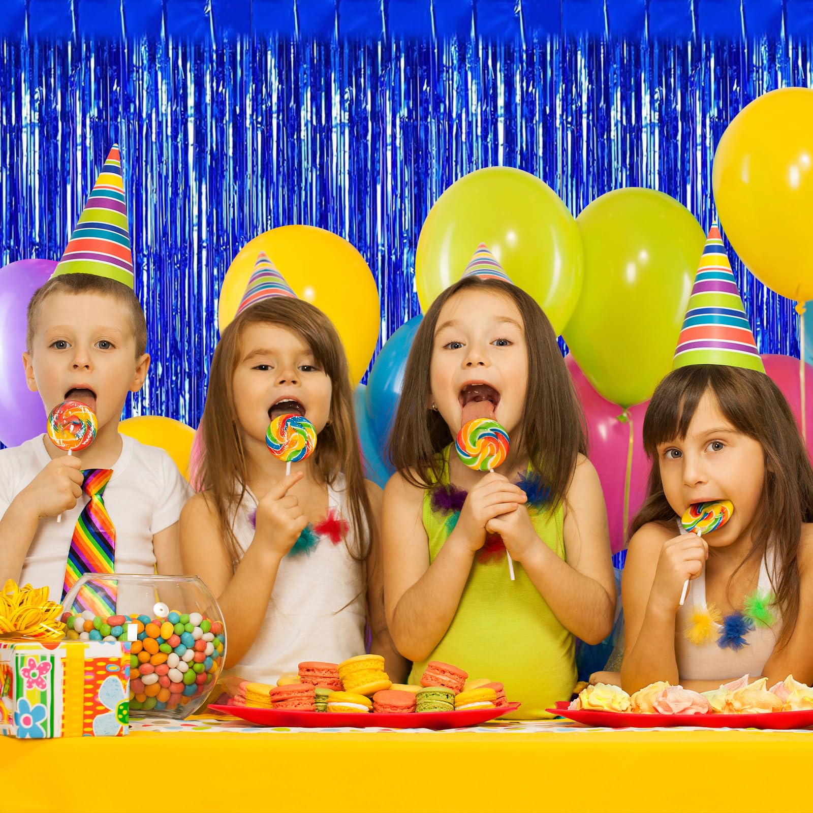 Cortina de flecos azules para fiesta, paquete de 12 cortinas de papel de aluminio de 3.2 pies x 8.2 pies, cortinas de telón de fondo de oropel para cabina de fotos, telón de fondo para cumpleaños,