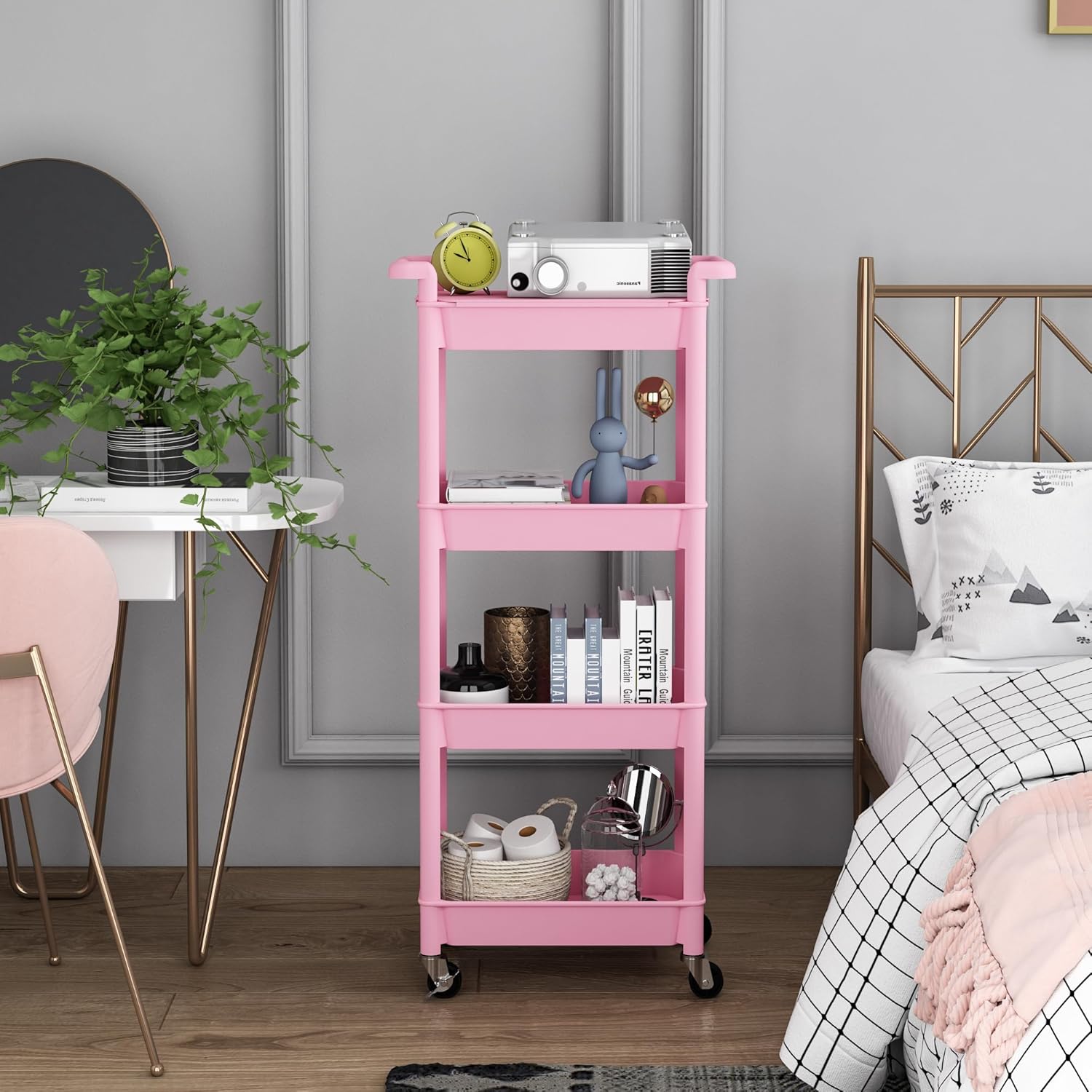 STEEHOOM Utility cart with Tabletop 4 Tier Rolling Cart Organizer with Wheels Movable Storage Cart for Office, Living Room, Kitchen, Craft Room, Pink