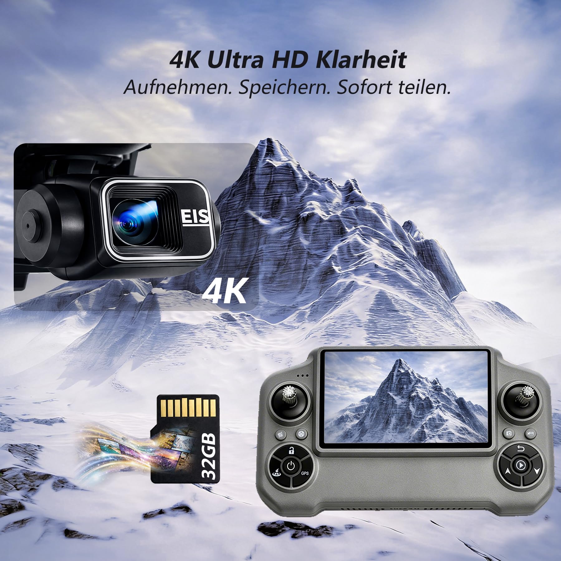 3-Achsen Gimbal GPS Drohne mit 4K Kamera, 4.5" HD Screen Fernsteuerung, 90Min Flugzeit (3 Akkus), 3000M Übertragungsreichweite, Auto Return, Follow Me, bürstenloser Motor, 5G FPV, faltbar, <249g