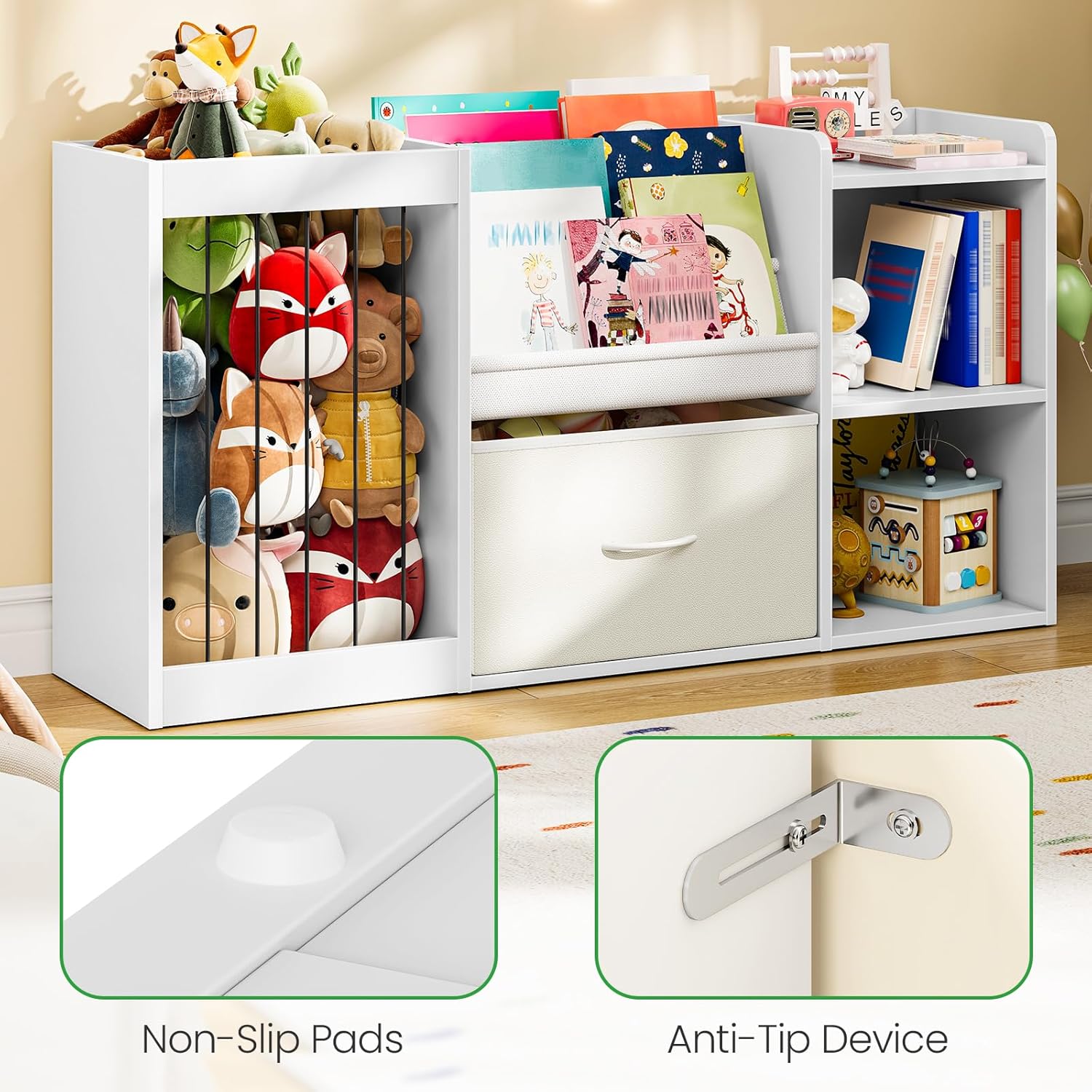 Kids Bookshelf, Children's Toy Storage Rack with Drawer, Display Shelf with Stuffed Animal Organizer, Toddler Bookcase with 3 Shelves, for Bedroom, Playroom, Living Room, White MCW21WB