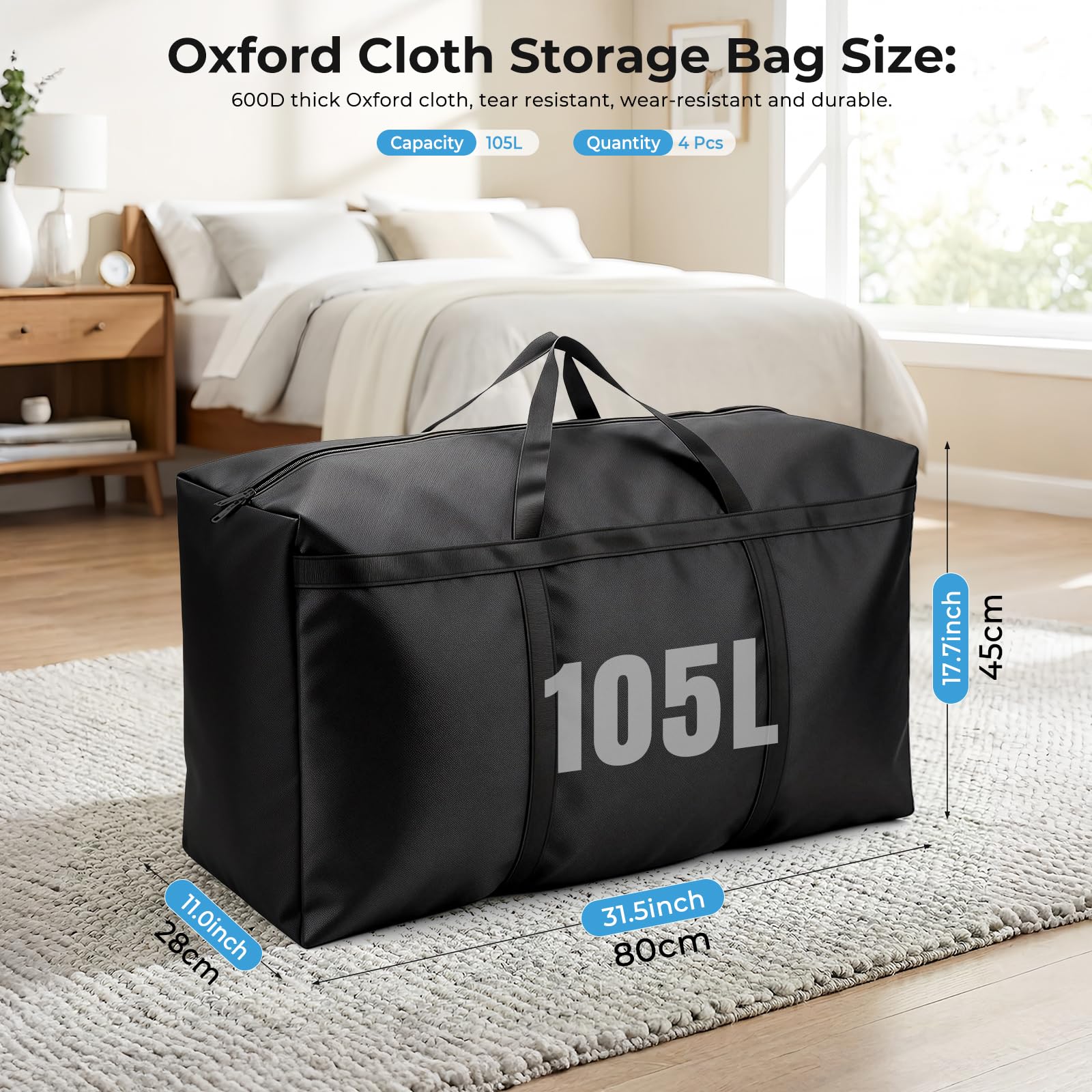 Lot de 4 Sacs de déménagement de 105 L, Grands sacs de rangement avec fermetures éclair, Oxford Noir imperméables sac de demenagement pour coussins, vêtements, linge de lit, rangement