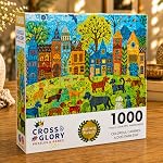 Cross & Glory - Colorful Canines: A Dog Park Day - 1000 Piece Folk Art Style Jigsaw Puzzle for Adults | Vibrant City Scene with Playful Pups | Perfect for Dog Lovers