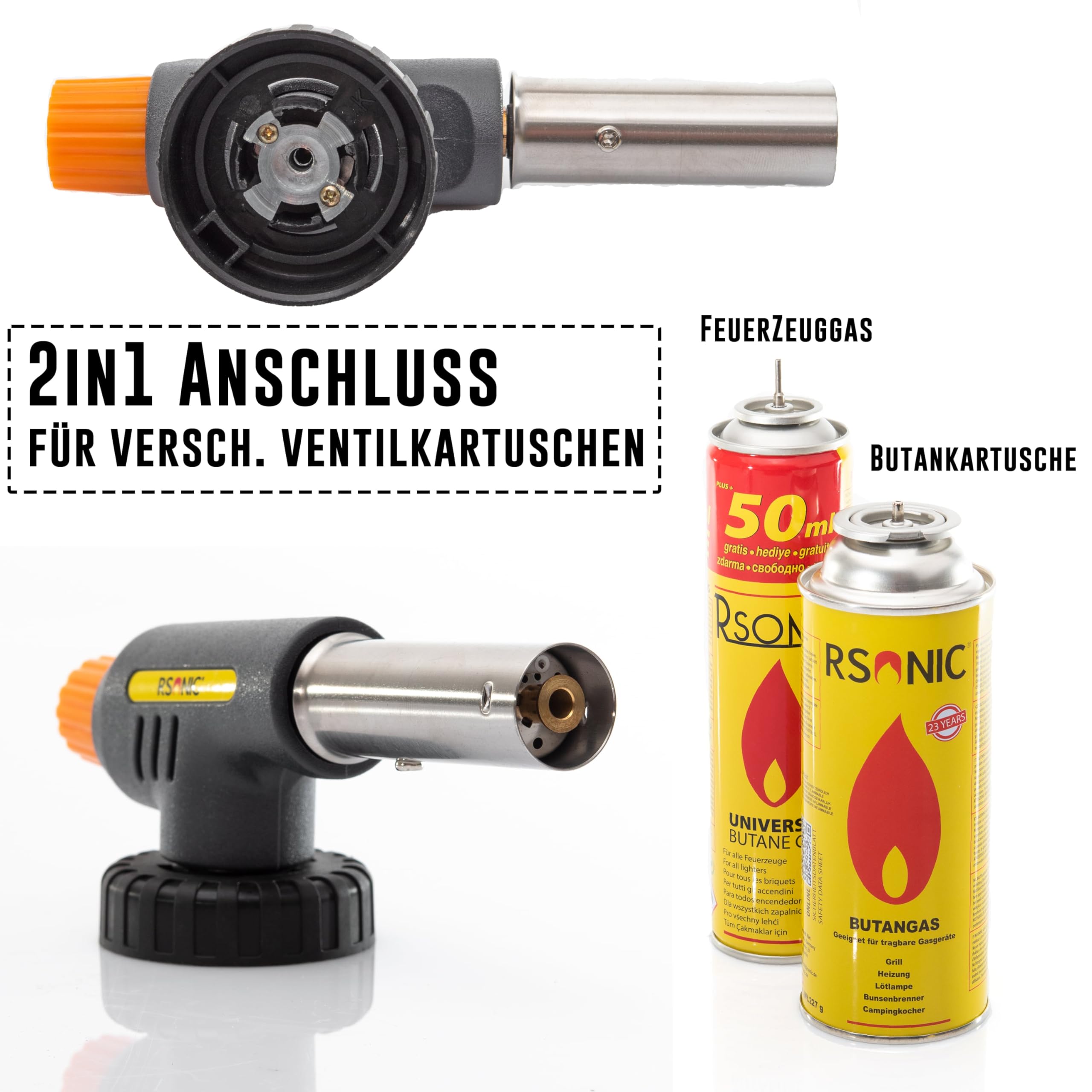 Produktbild von Tolegano Lötbrenner Mit Piezo – Inkl. 6 Gas-Kartuschen, 3,5 KW, Bunsenbrenner