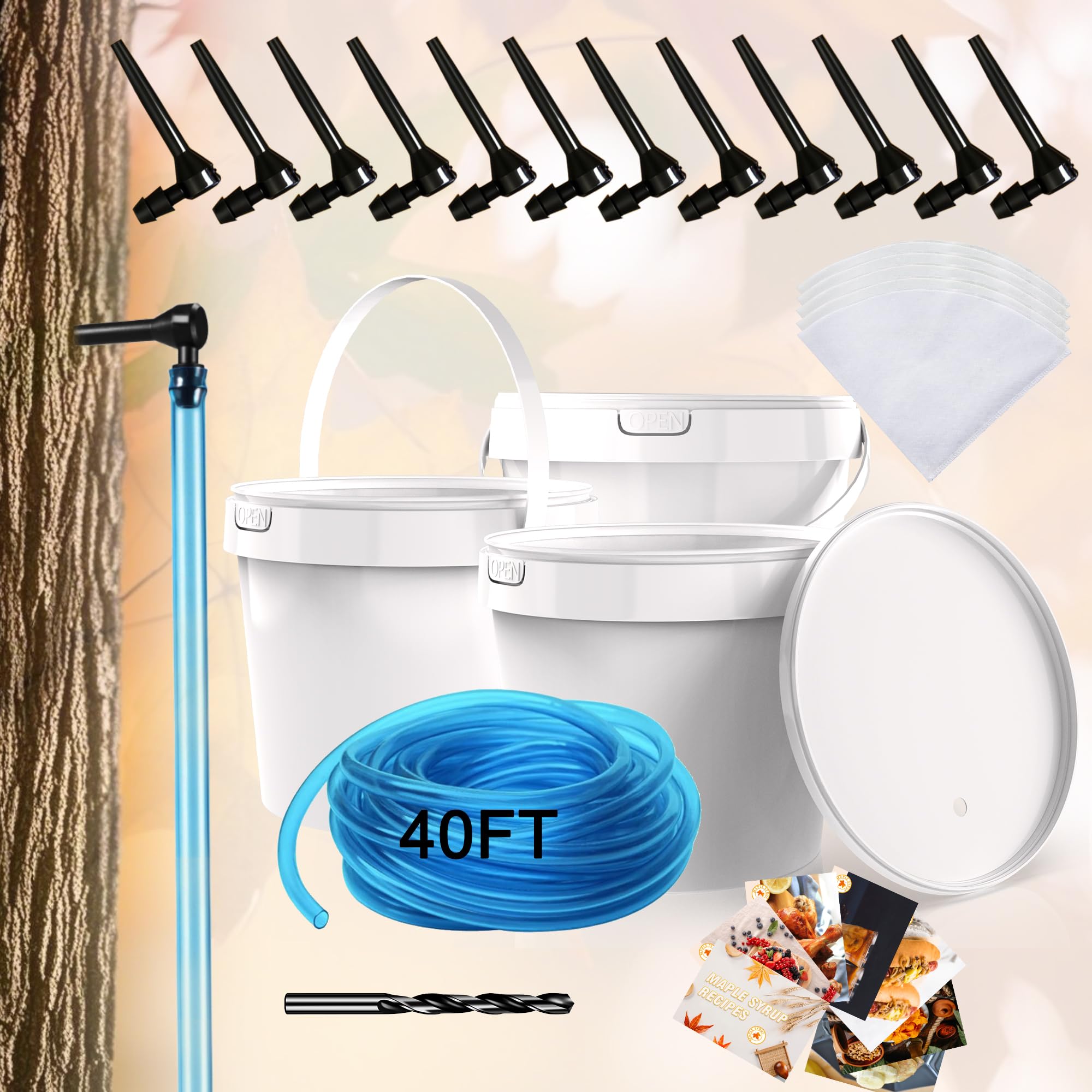 6 Sets Ahornsirup-Baum-Klopf-Set mit 6 Eimern und Deckel, 12 Ahornsaft-Wasserhähne, 1 lebensmittelechter 12,2 m Schlauch, 5 Filter, Ahorn-Birke, Walnuss, Zucker-Starterzubehör, Sammlungsgeschenk für