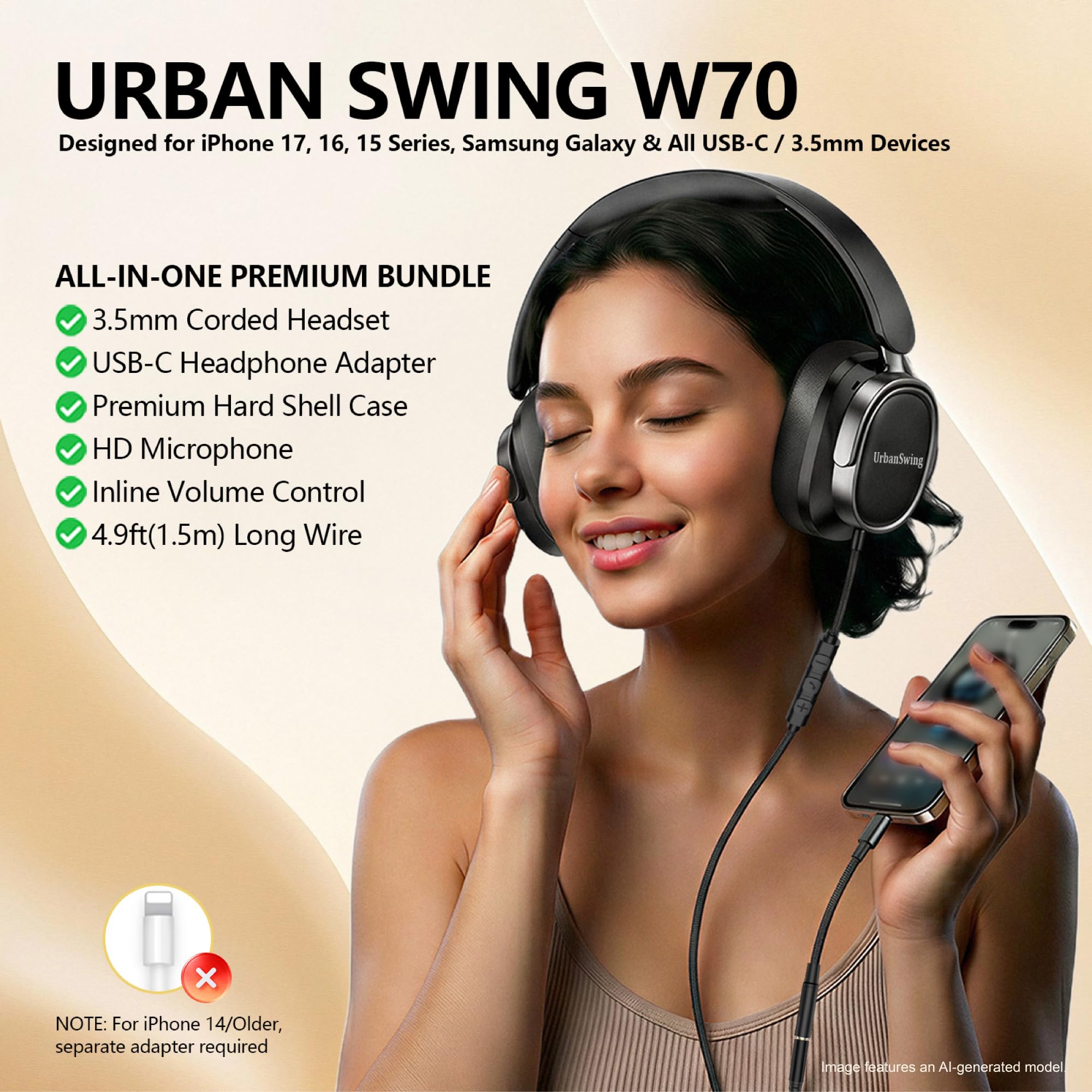 URBAN SWING W70 Przewodowe słuchawki nauszne z mikrofonem, adapter USB-C plus gniazdo 3,5 mm i etui podróżne Hardshell, bardzo długi pleciony przewód 1,5 m do iPada, iPhone'a 16/17, Samsung, PS5