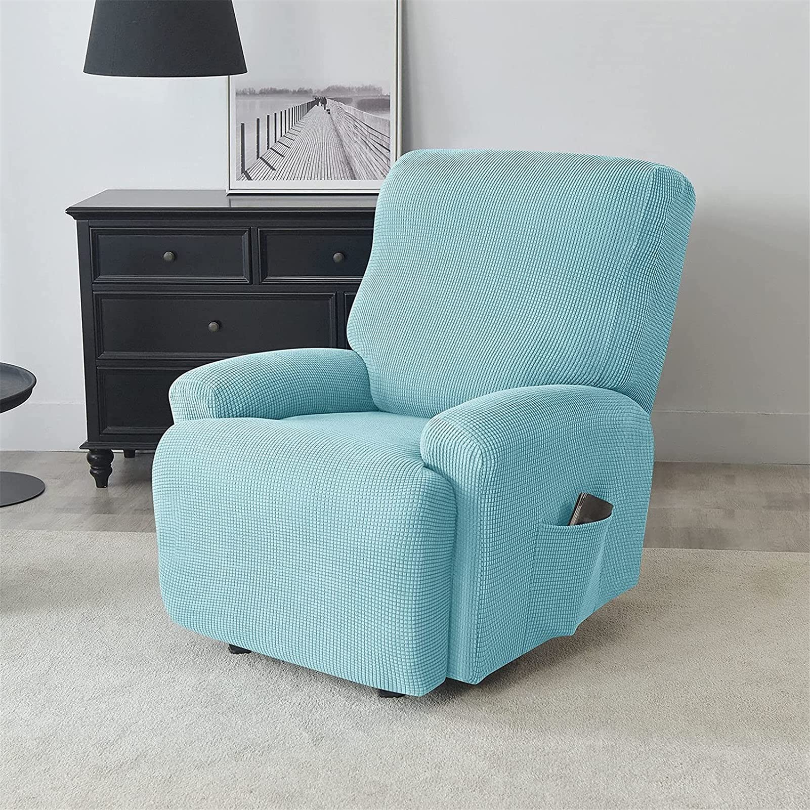 Copripoltrona reclinabile Elasticizzata da 4 Pezzi, copripoltrona Relax con Tasche per Divano(Blu)