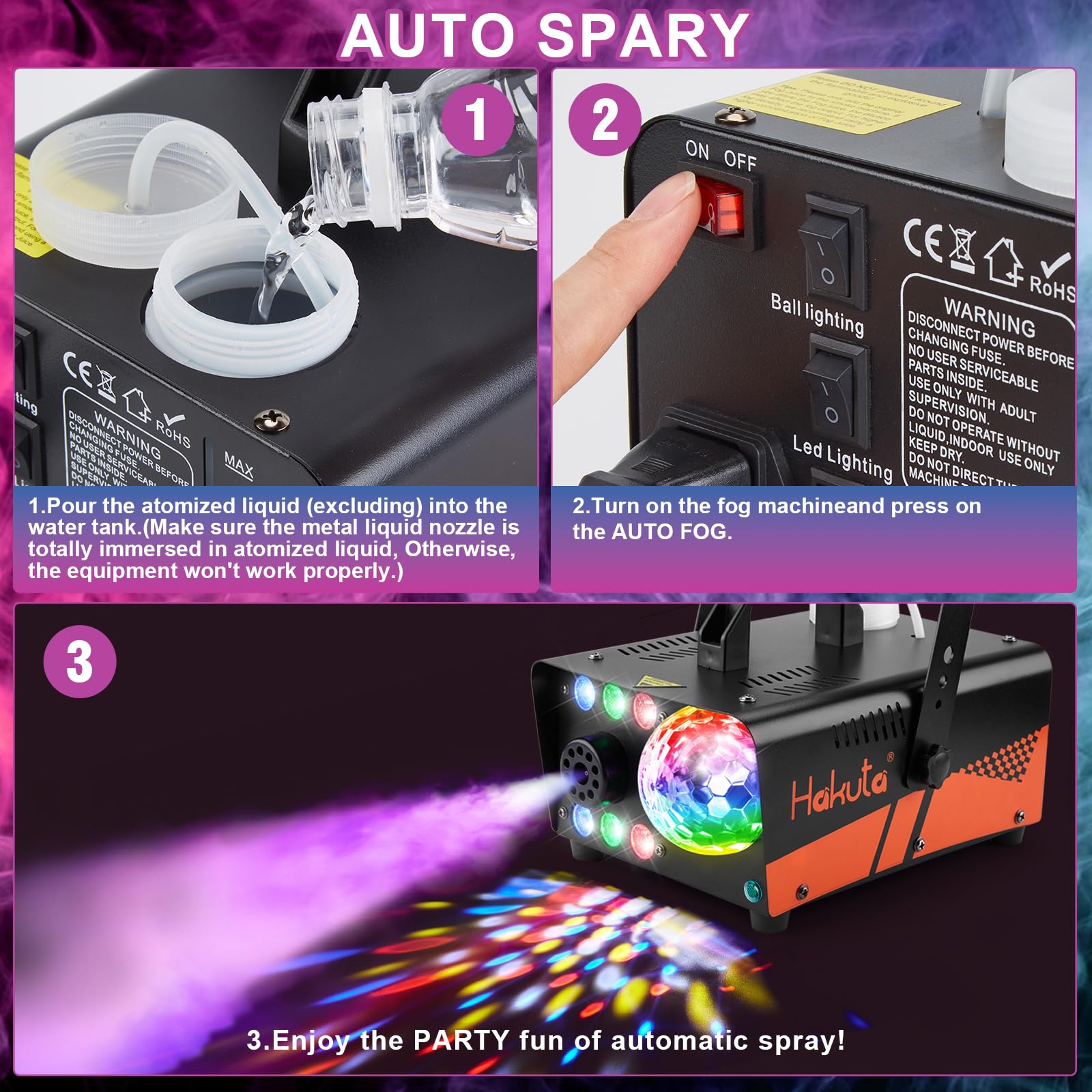 HAKUTA Machine à fumée avec boule disco lumineuse et lumières LED RGB, machine à fumée 2300 CFM Spray avec fonction Auto-Spray, idéal pour Halloween, Noël, mariages