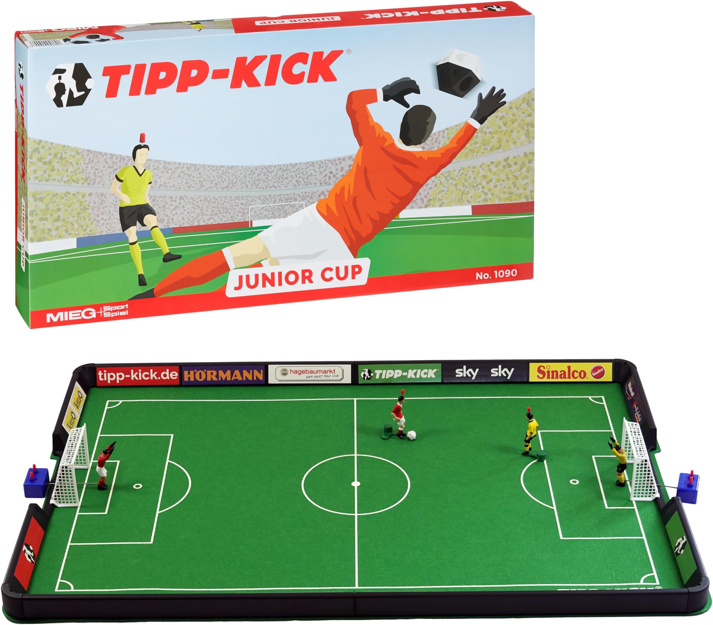 TIPP-KICK Junior Cup with board 80x56 cm - ready-to-play set with 2 x players, 2 x goalkeeper, 2 x plastic goal, 2 x ball I felt playing field