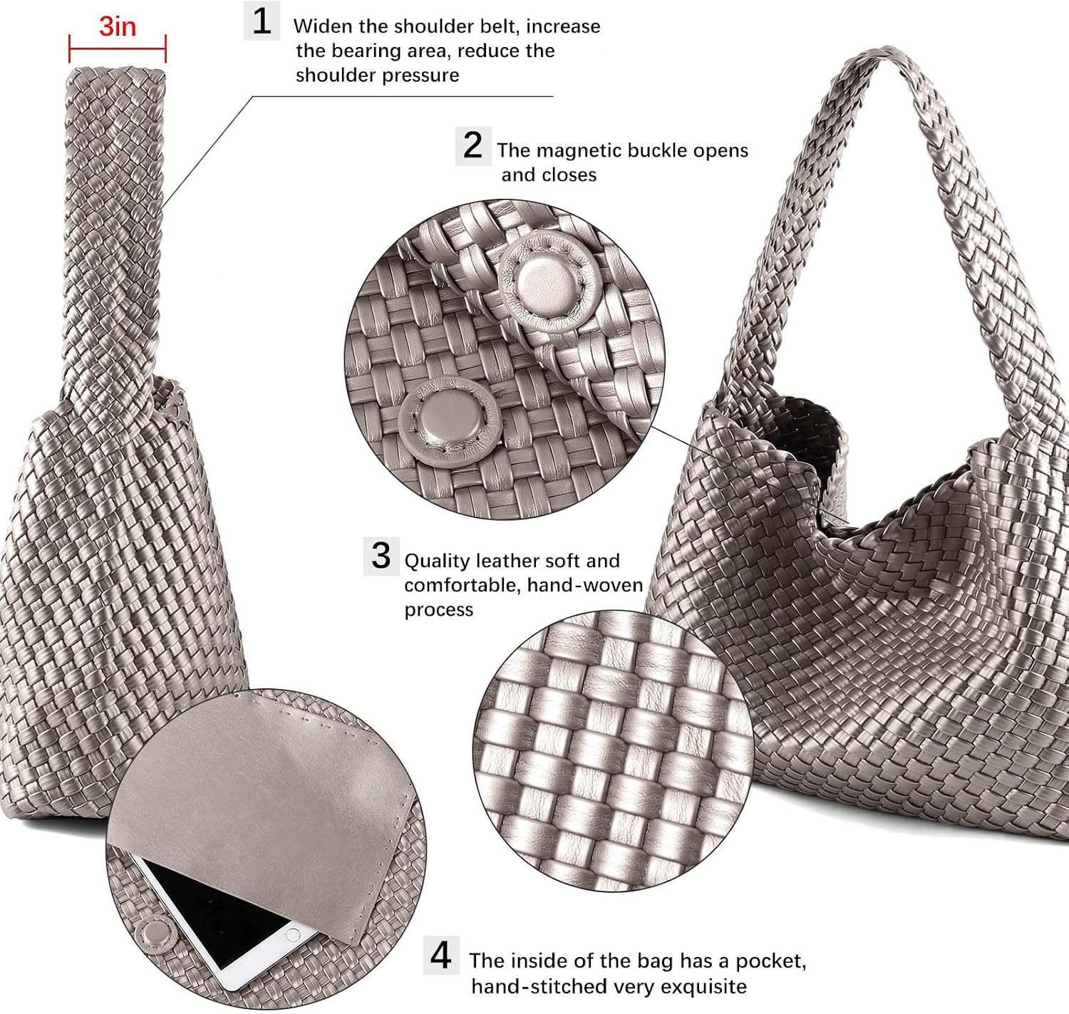 Woven Tote Bags for Women Soft Vegan Leather Shoulder Handbag Slouchy Hobo Bag with Vanity Purse (Silver)