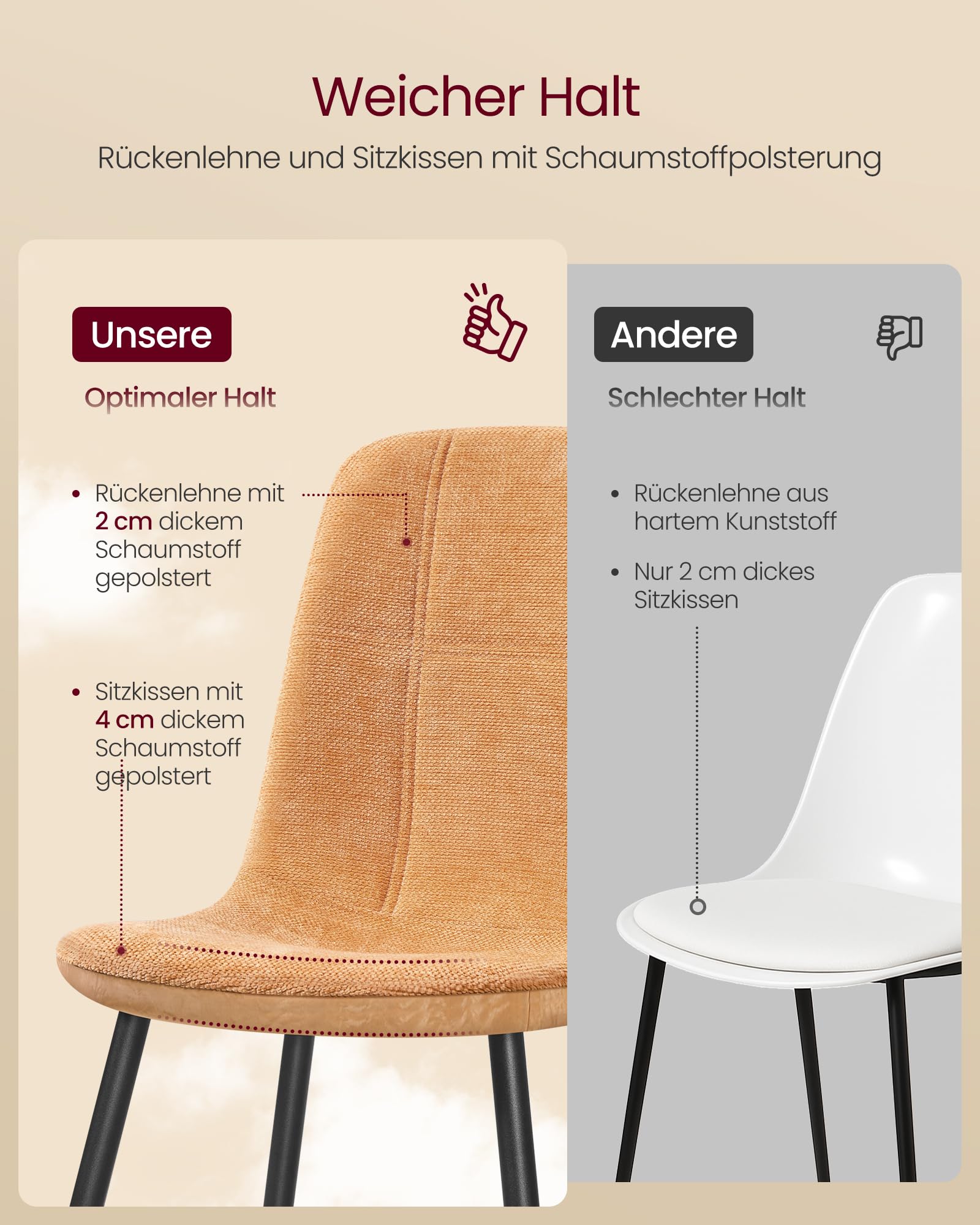 VASAGLE Esszimmerstuhl 4er Set, Küchenstuhl, Polsterstuhl, Metallbeine, verstellbare Füße, pflegeleicht, Chenille-Gewebe, PU mit von Gletschern inspiriertem Muster, karamellbraun KDC188K02