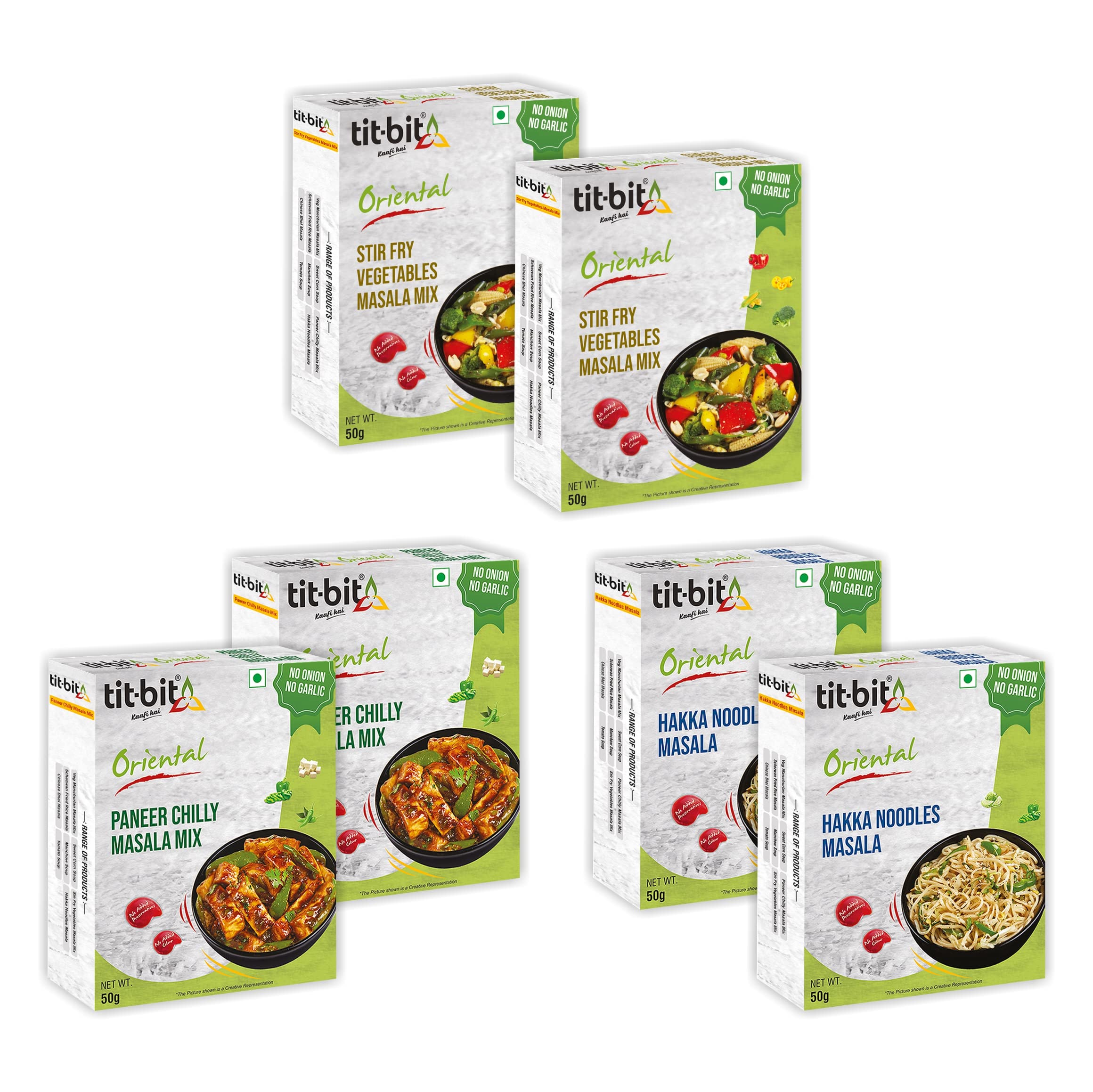 Tit-Bit No Onion No Garlic Combo Paneer Chilly Mix, Hakka Noodles Masala, Chinese Bhel Mix - Quick & Easy to Make Pack of 6 - Each Masala 2 Packs (300g)