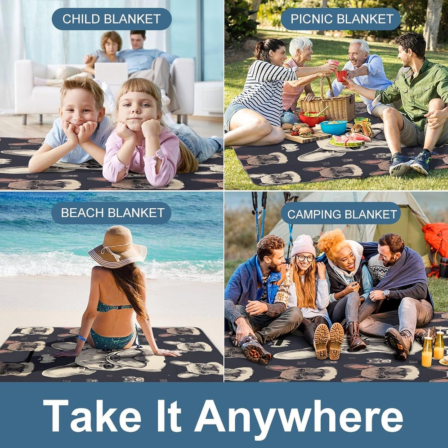 Outdoor Picnic Blanket,I Love French Bulldog Print Picnic Blankets,Large Beach Blanket Sand Free Foldable Portable Camping Blanket