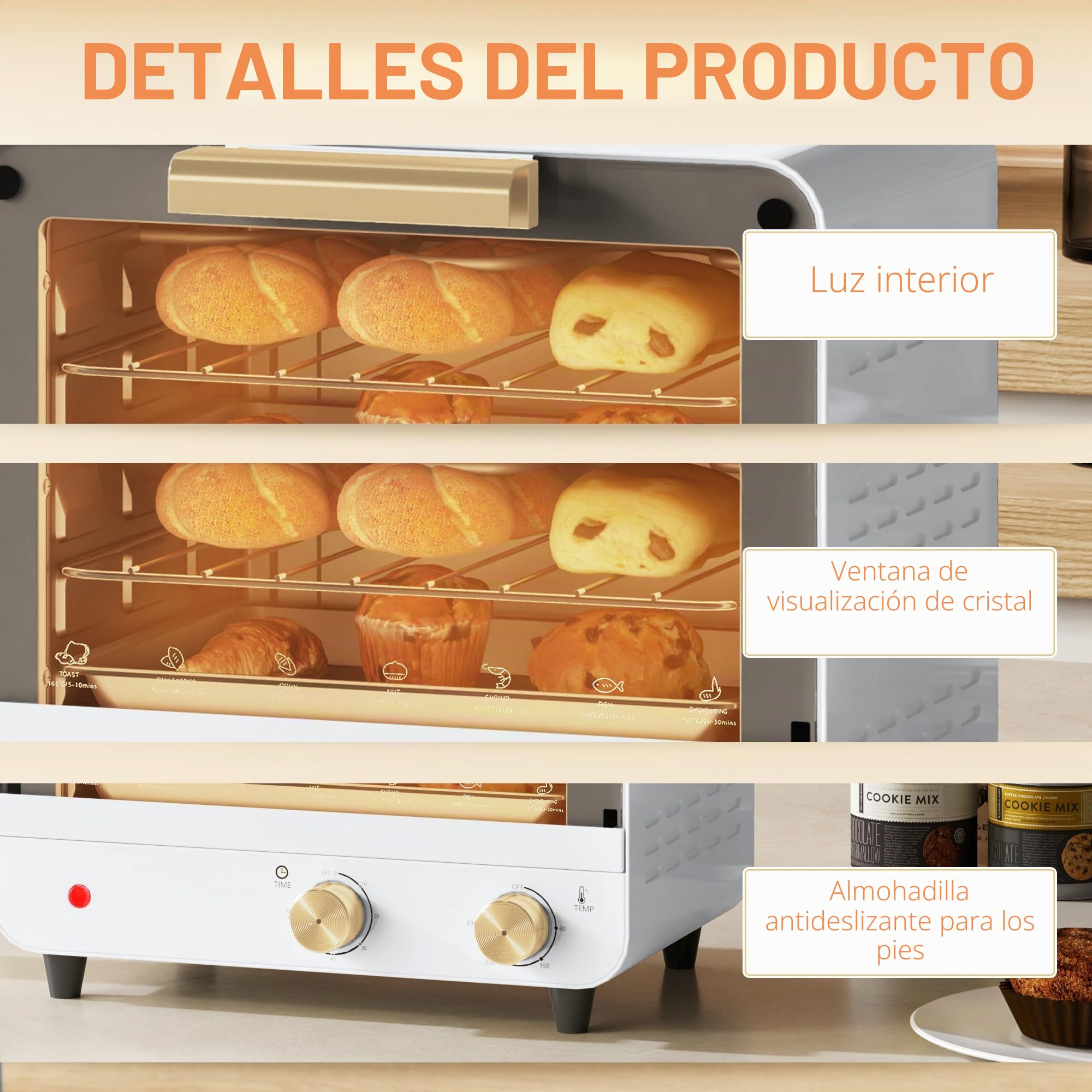 HOMCOM Horno Eléctrico 12L de 2 alturas con Temporizador y Temperatura Ajustable, Mini Horno de Acero Inoxidable, Cristal y Plástico, 31,5x27,7x22,7 cm, Blanco y Dorado