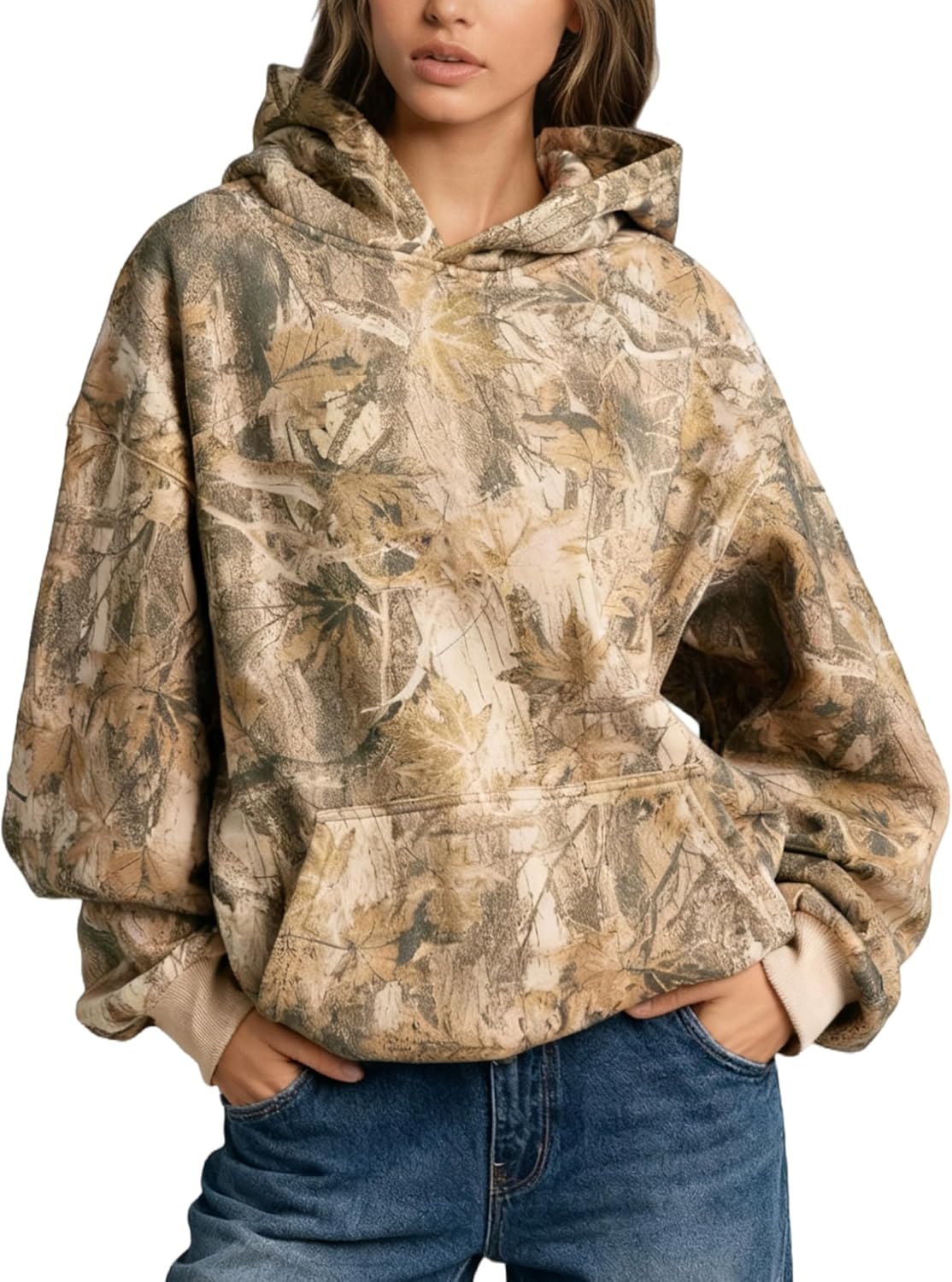 Ythomm Womens Camo Hoodies Maple Leaf Print Oversized Hooded Sweatshirts Drop Shoulder Camouflage Fleece Hoodie With Pocket