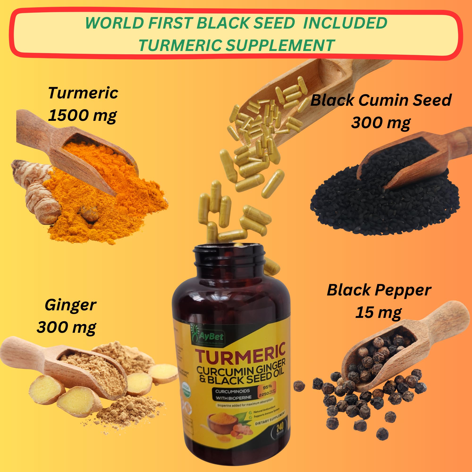 World 1st.Turmeric Curcumin Ginger&Black Seed Oil, 240 Caps, 2250mg, 95% Curcuminoids, BioPerin Added, Extra Strength, Organic, Halal, Vegan, Support Immune System, Antioxidant, Joint Support — Amazon image 2