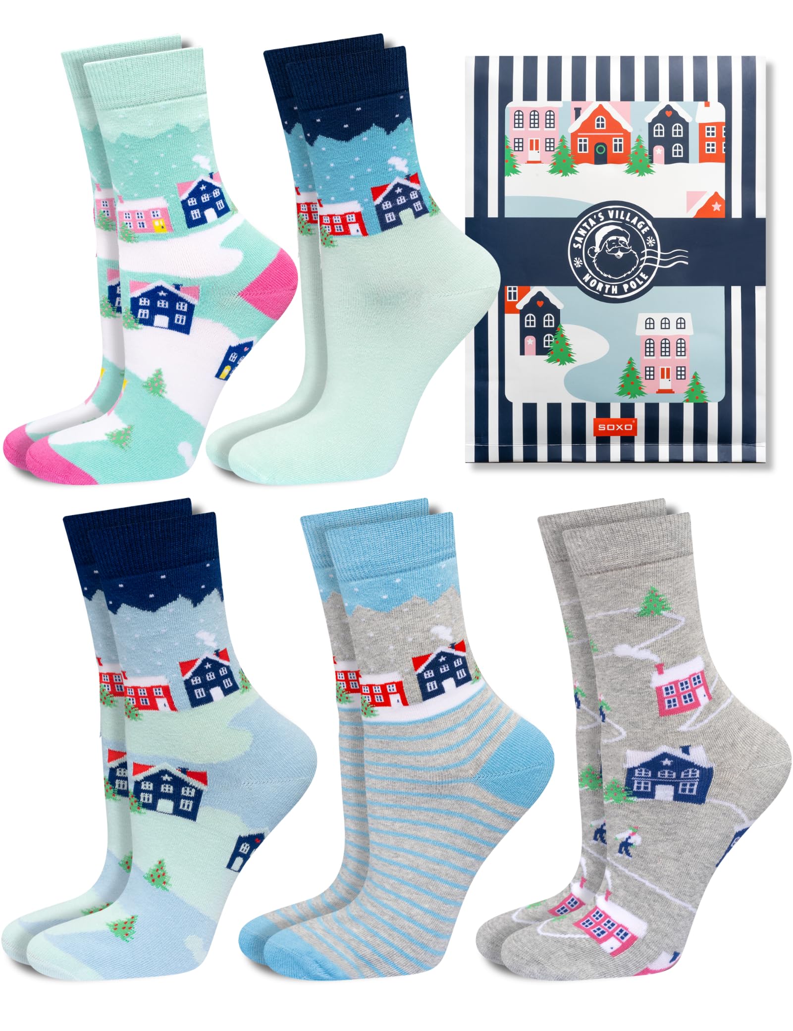 Soxo Unisex Cottages 5 Pairs Ski Socks For Men Funny Ladies Gift Ideas Long Womens Warm Winter Sock Men's Funky Gifts 2.5-6.5