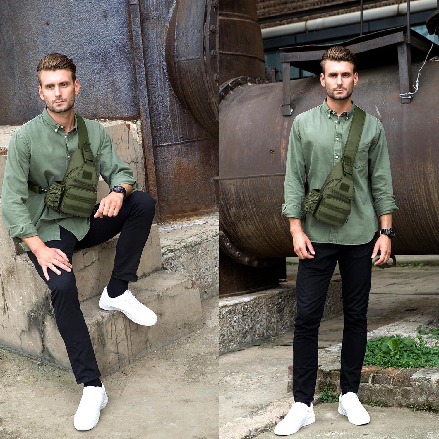 ZHIERNA Tactical Crossbody Bag for Men with Water Bottle Holder, MOLLE EDC Shoulder Sling Chest Bags with USB Charging Port for Travel Walk(Army Green) - Image 2