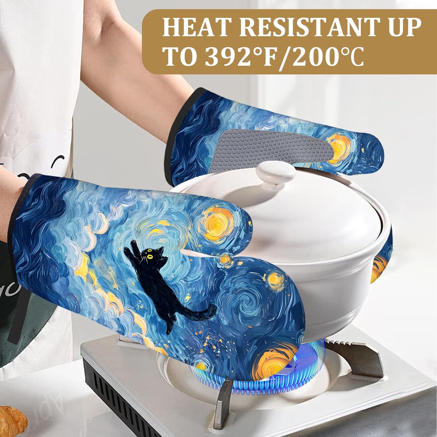 Cute Starry Sky Black Cat Oven Mitts and Pot Holders Sets 4Pcs Animal Silicone Kitchen Gloves Heat Resistant Potholders for Baking Cooking Grilling BBQ