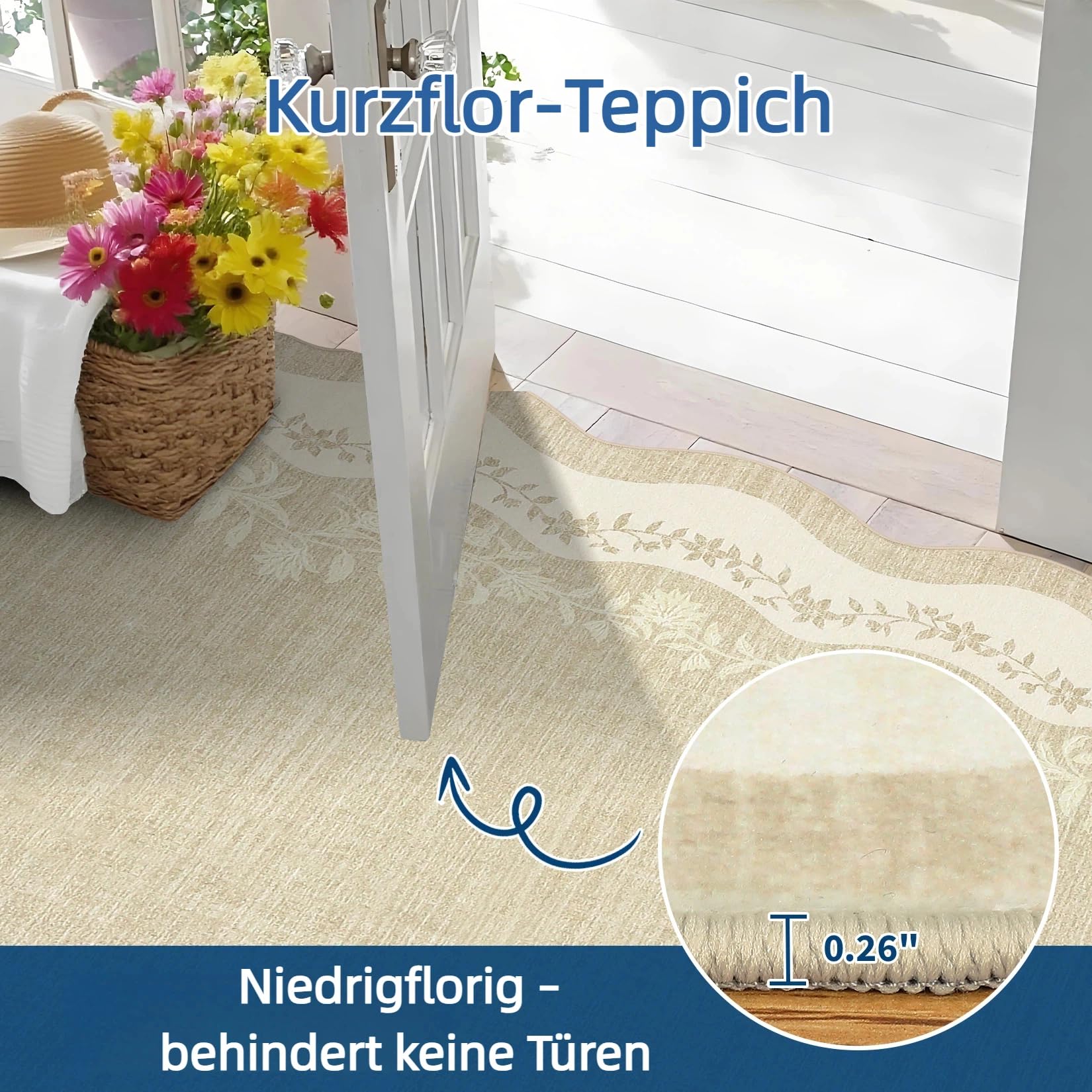 FairyStyle Teppich Wohnzimmer 160x230 cm Wellenrand Blumenmuster Beige