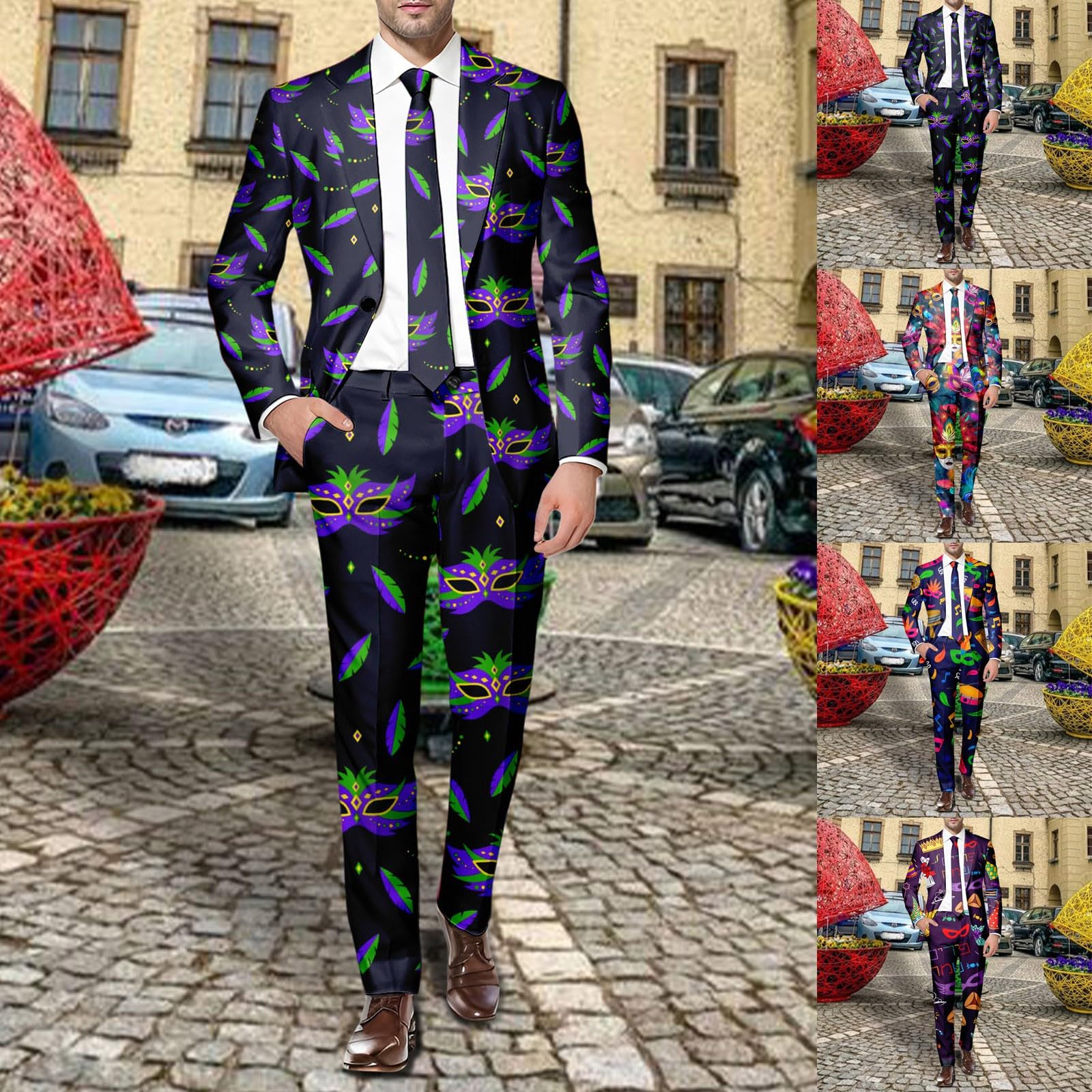 Anzug Herren Lustiger Masken Drucken Faschingskostüme Bunte Funky Suit Einreihiger Blazer und Hose Klassisch Smoking Anzüge Festliches Party Mardi Gras Karneval Kostüm