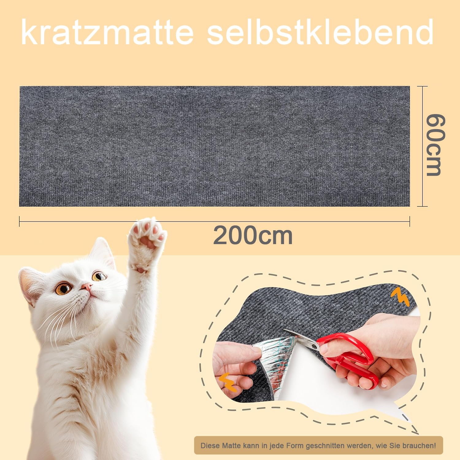 Tappetino antigraffio fai da te per gatti – Autoadesivo, protezione da parete e divano, tappeto coperto, 60 x 200 cm (grigio chiaro)