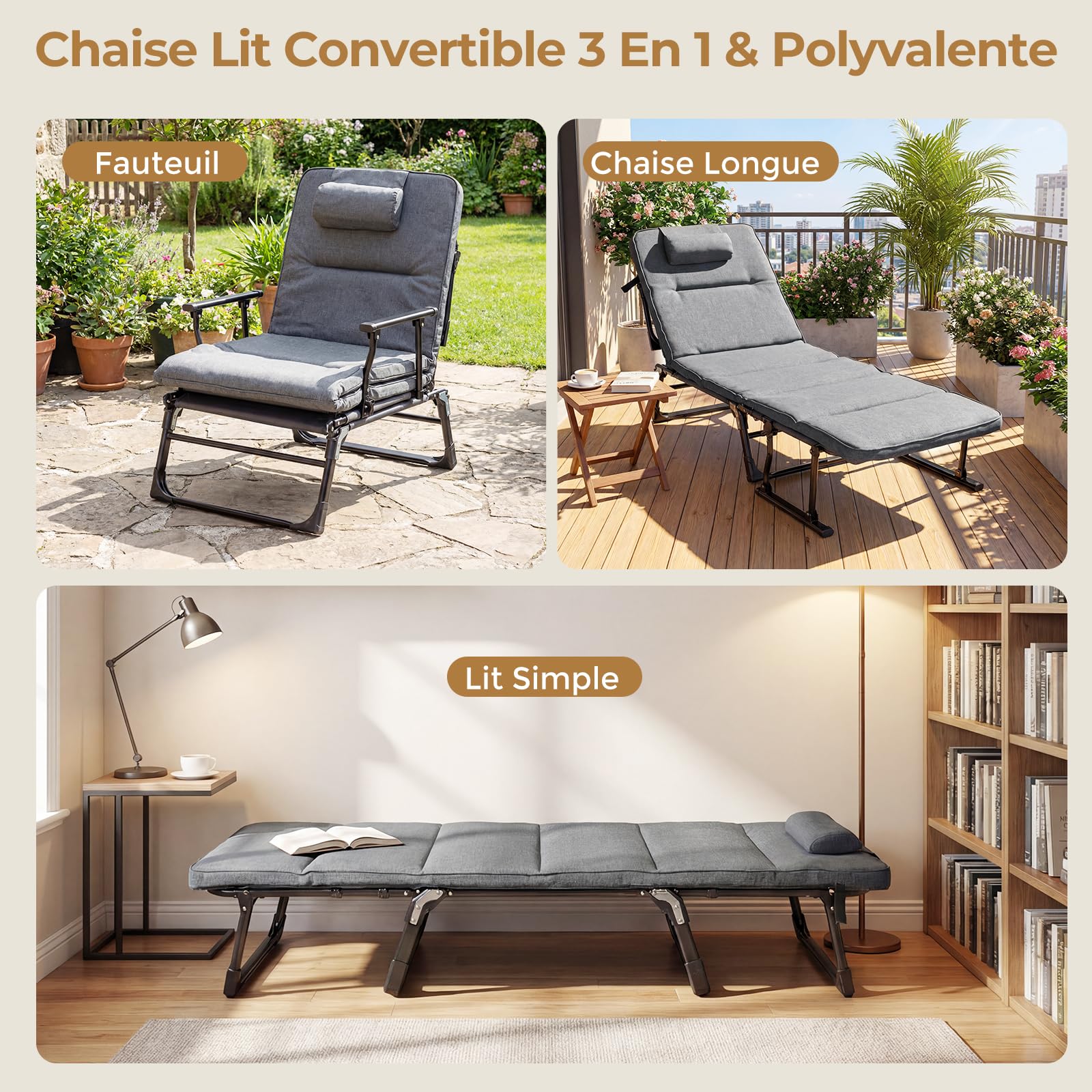 COSTWAY Lit de Camp Pliable 1 Personne, Fauteuil Convertible, Dossier Réglable à 6 Positions, Coussin Intégré, Cadre en Métal, Lit Pliante pour Camping Cour Bureau, Charge 200 kg