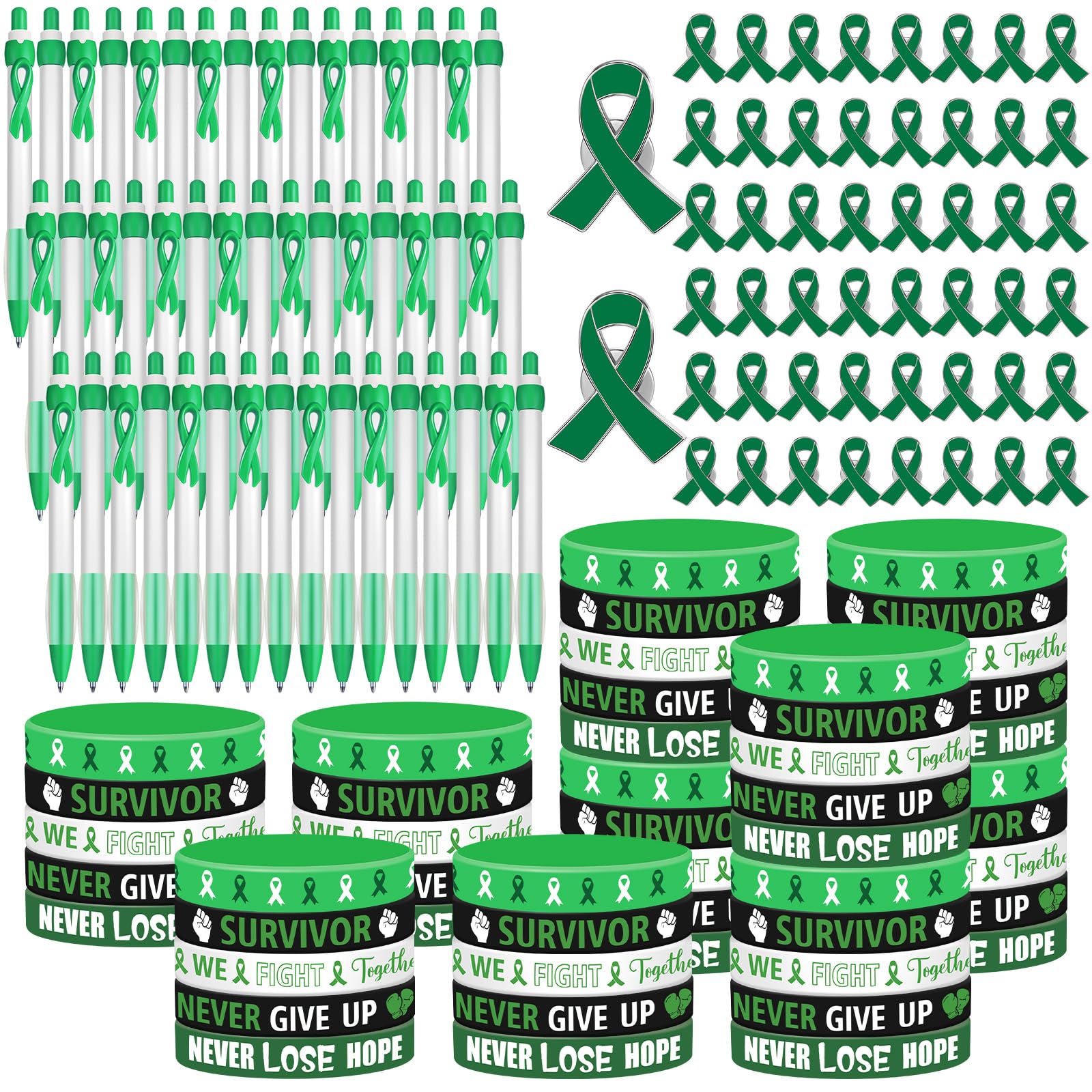 Fullhawl 150 Pcs Mental Health Awareness Accessories Include 50 Green Ribbon Pens 50 Inspirational Bracelets 50 Green Ribbon Awareness Pins for Men