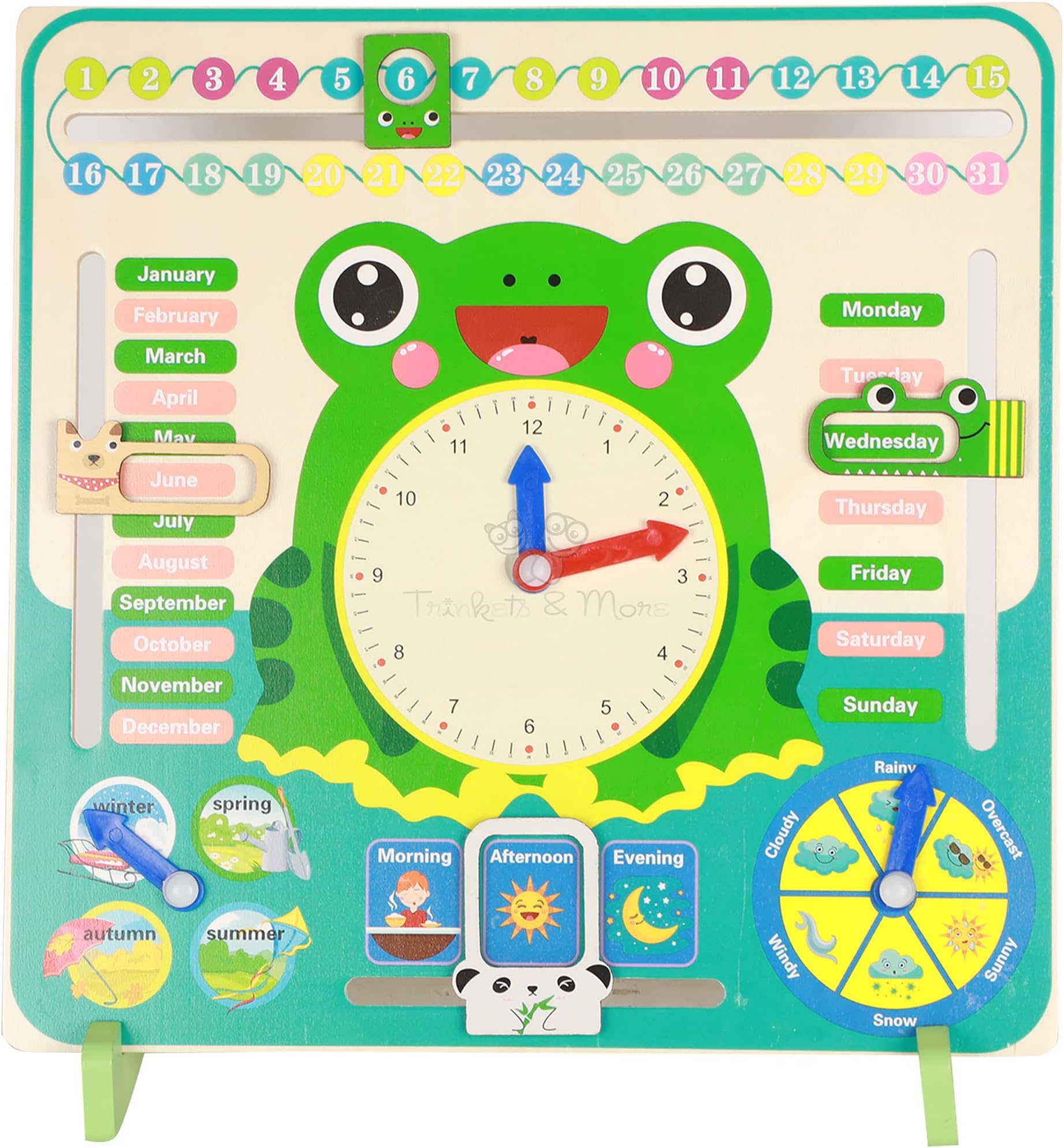 Trinkets & More Calendar Educational Clock Toy For Kids Learning (Frog Stand)