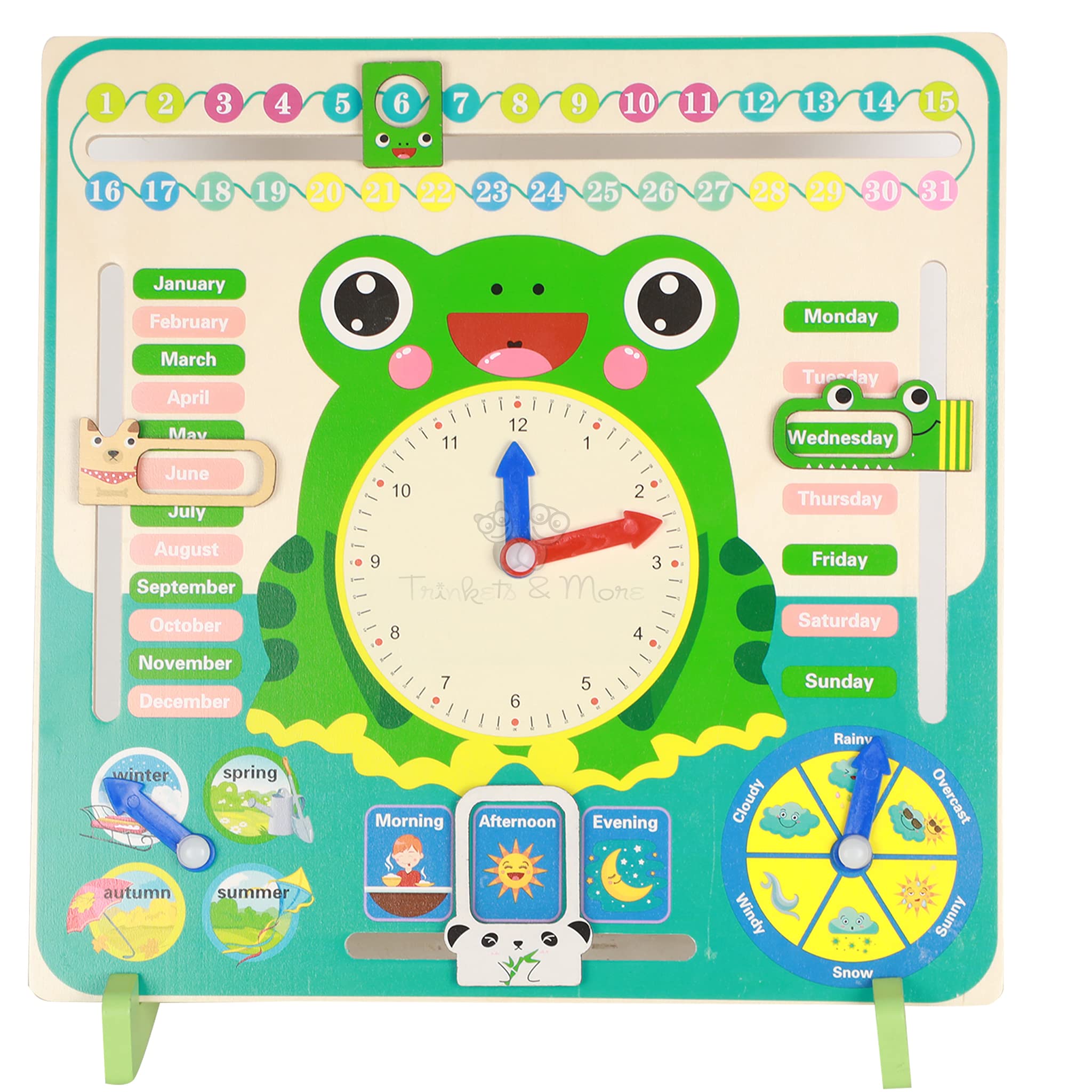 Trinkets & More Calendar Educational Clock Toy For Kids Learning (Frog Stand)