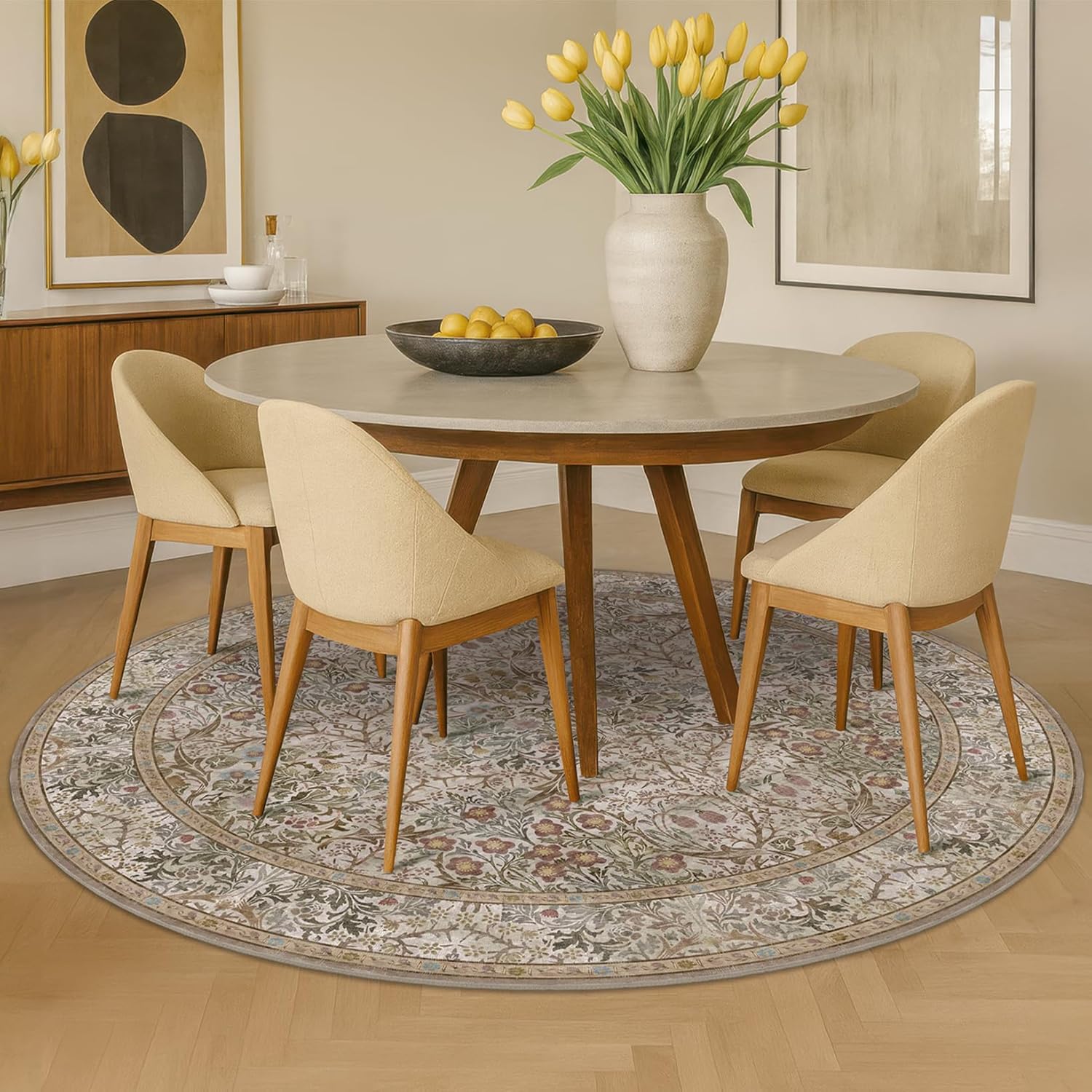 Hazo Haus Boho 6ft Round Rug for Living Room - Floral Circle Rug for Bedroom, Dining Room, Home Office, Washable Low Pile Non Slip, Moss Green & Olive Indoor Aesthetic Décor