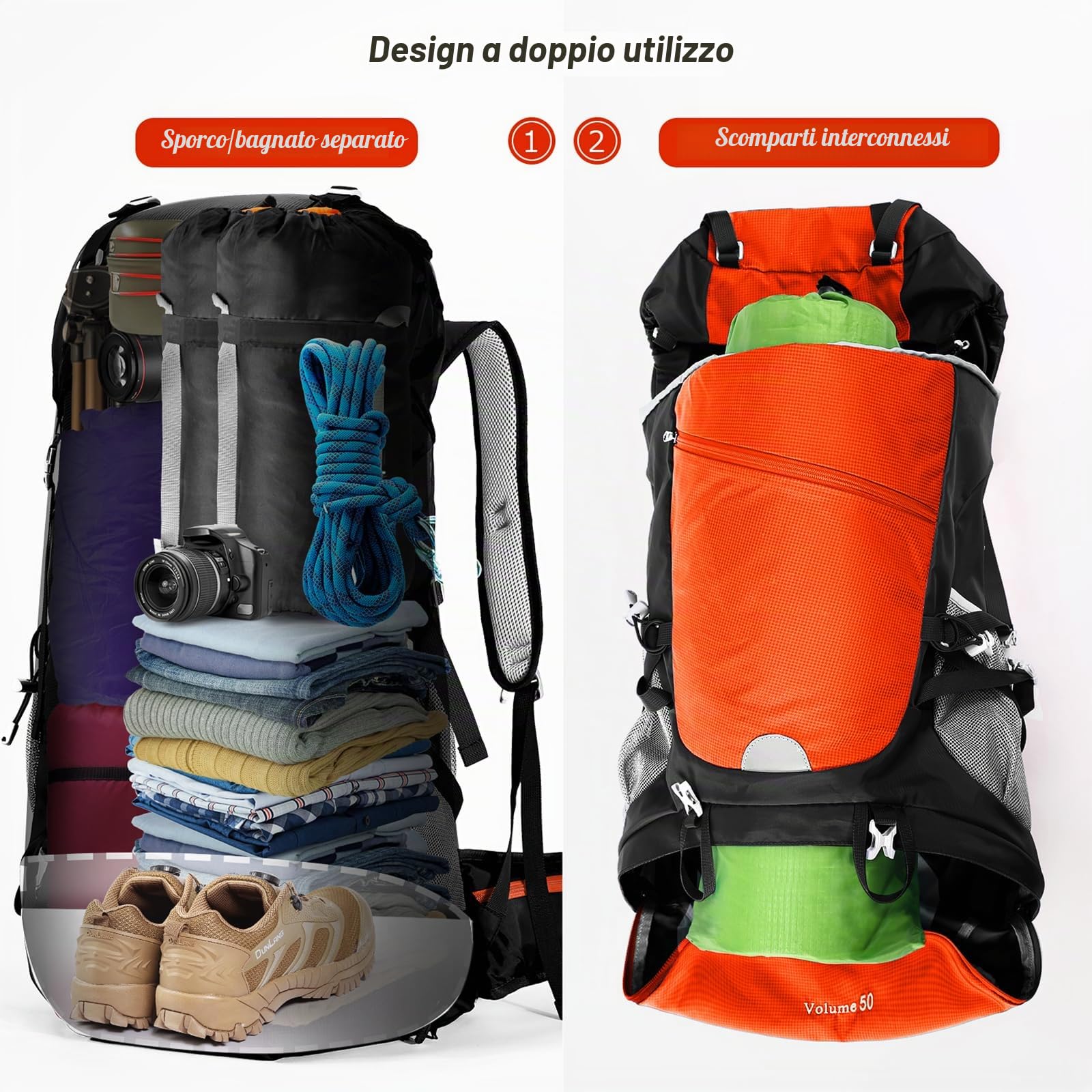 HOMIEE Zaino da Trekking 50L 60L Zaini da Escursionismo Zainetto Leggero Zaino Viaggi di Campeggio Montagna con parapioggia Zaino per Alpinismo Impermeabile Daypack da Arrampicata